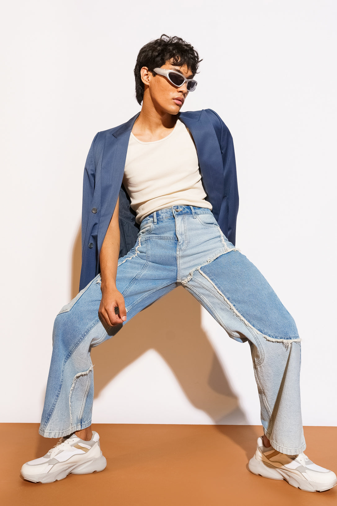 Blue Frayed Panel Men's Straight Jeans