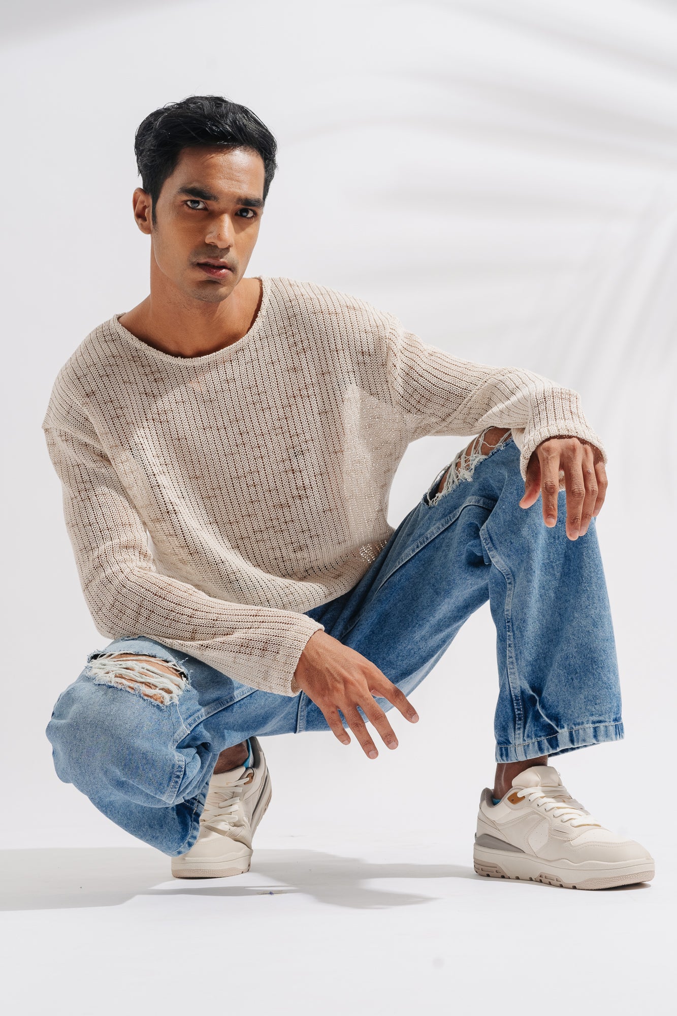 Blue Knee Ripped Men's Straight Jeans