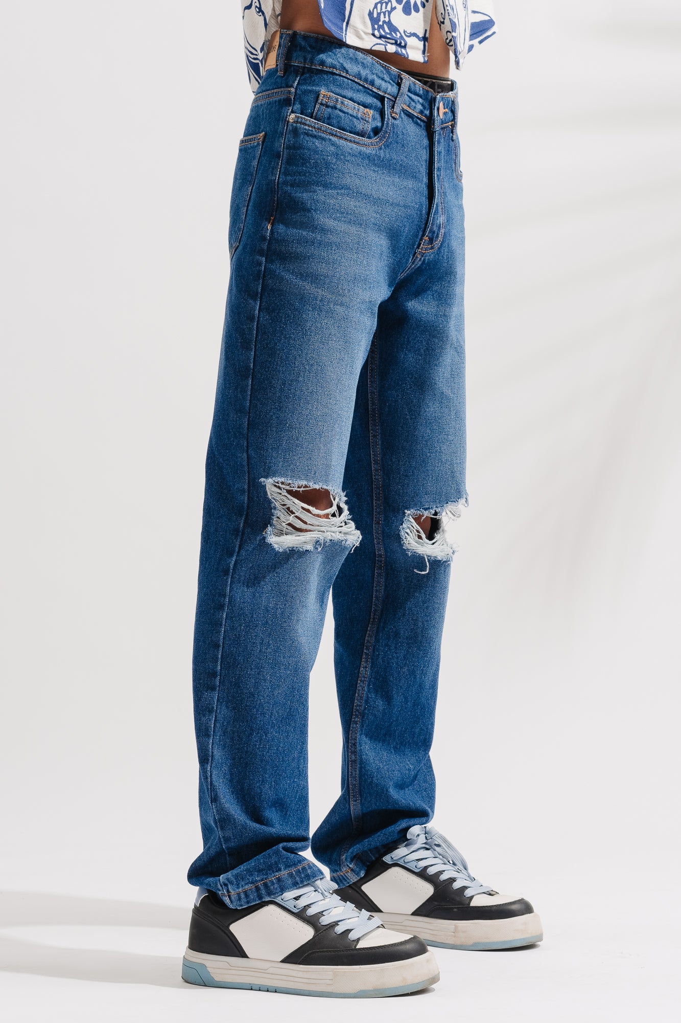 Lapis Blue Distressed Men's Wide Jeans