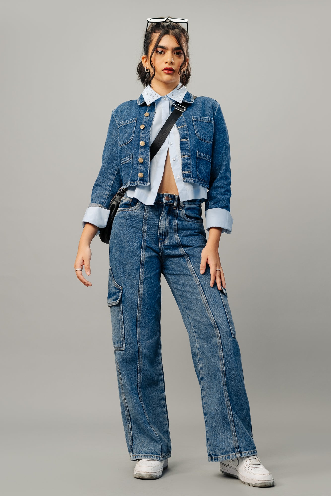Blue Flap Pocket Women's Straight Cargo Jeans