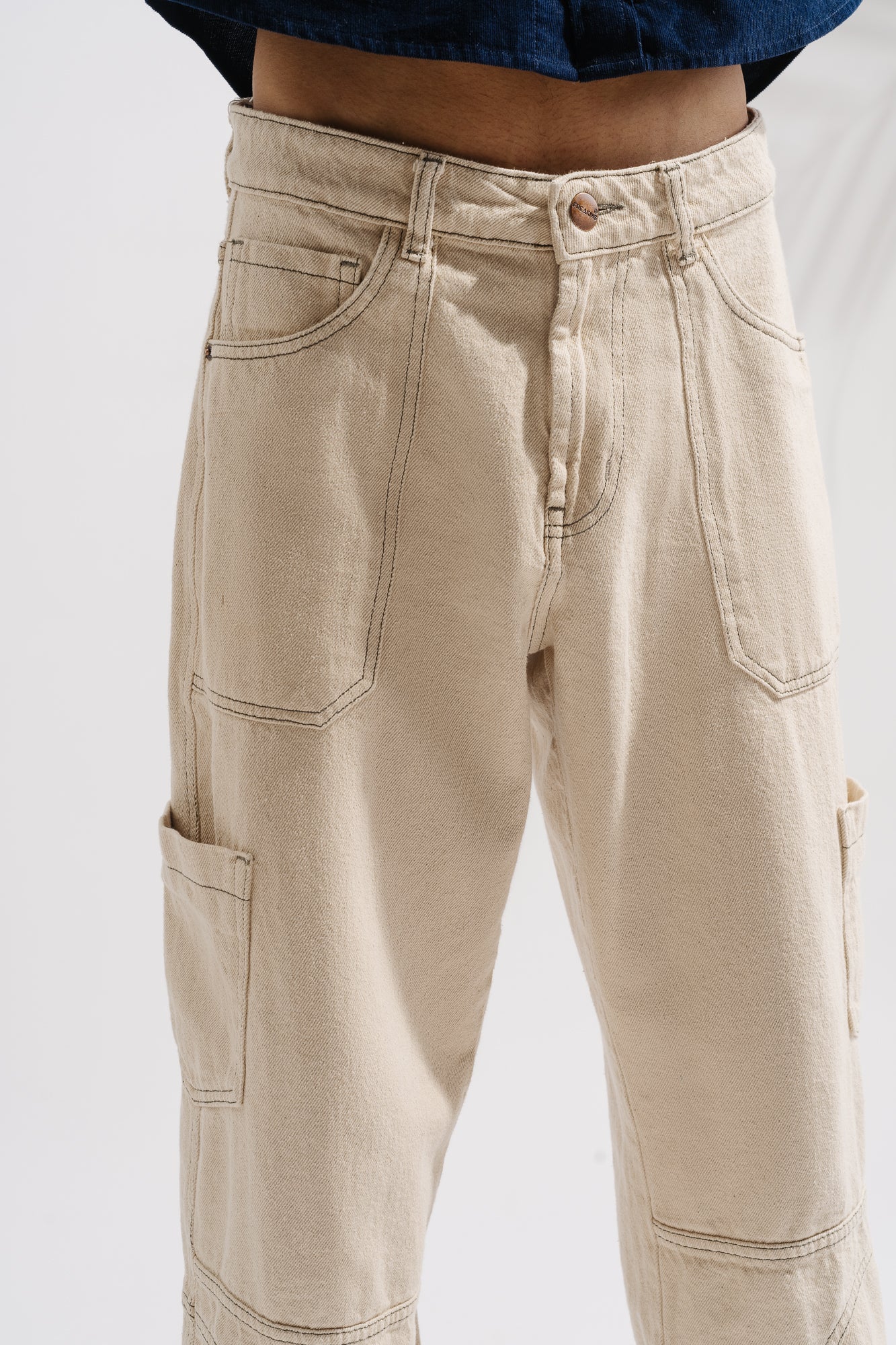 Ecru Contrast Men's Baggy Straight Cargo Jeans