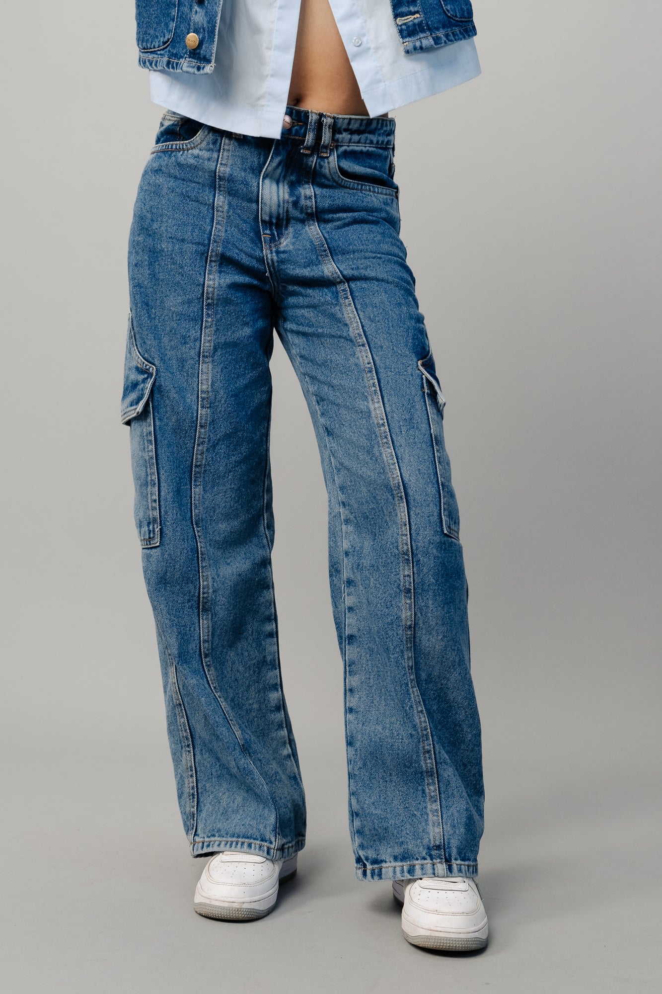 Blue Flap Pocket Women's Straight Cargo Jeans