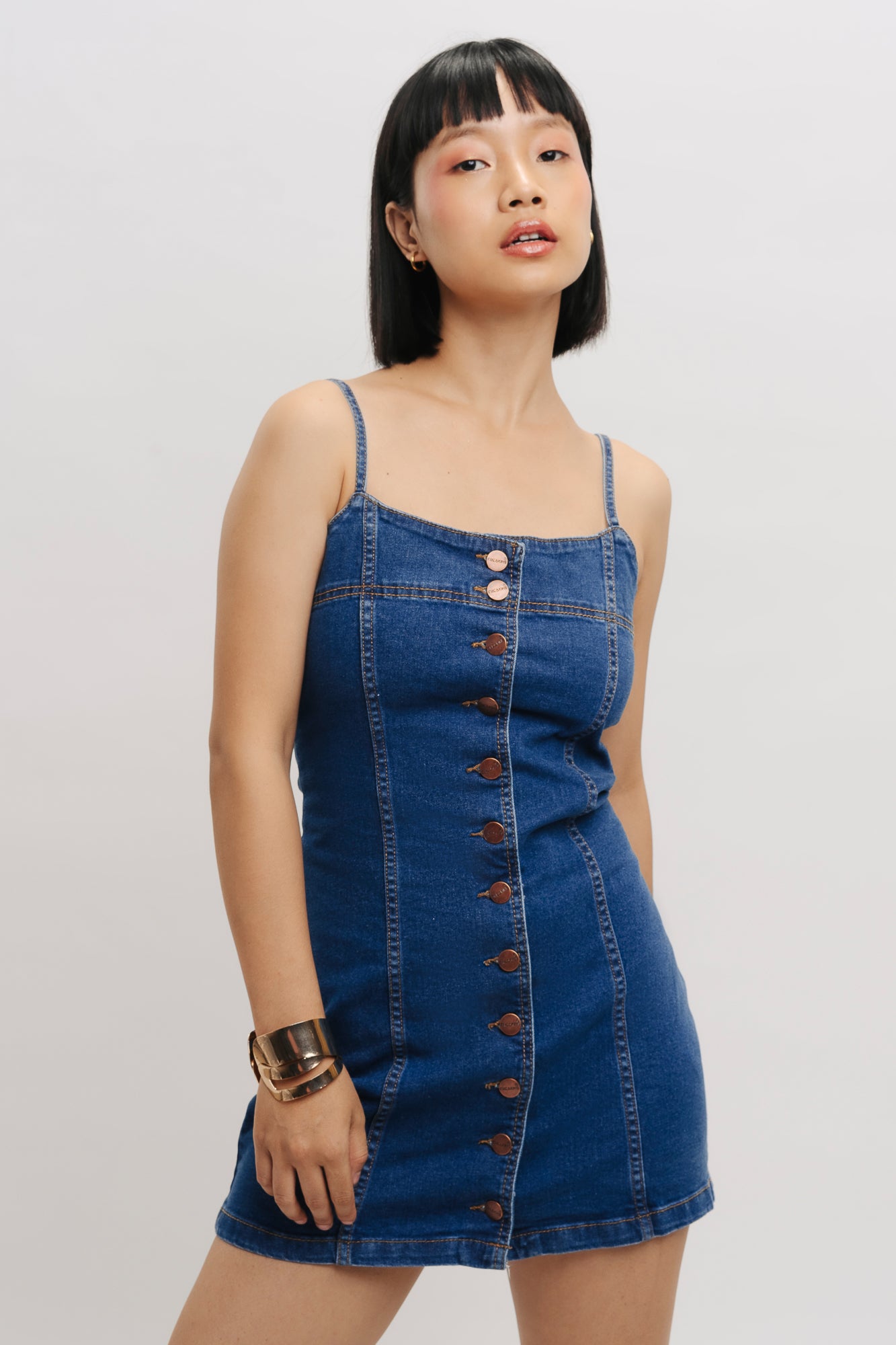 Front Buttoned Strap Denim Dress