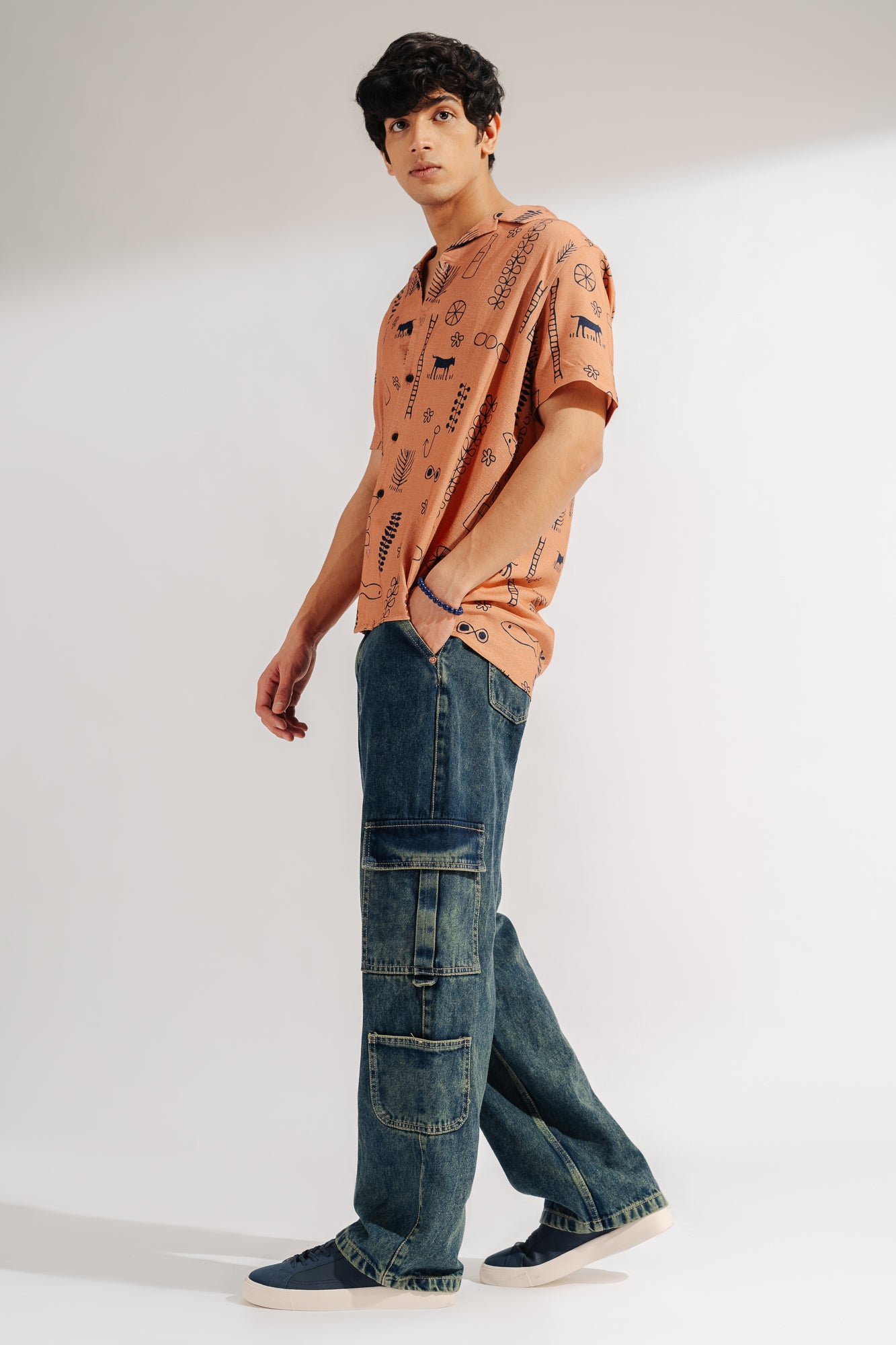 Blue Side Pocket Men's Baggy Straight Cargo Jeans