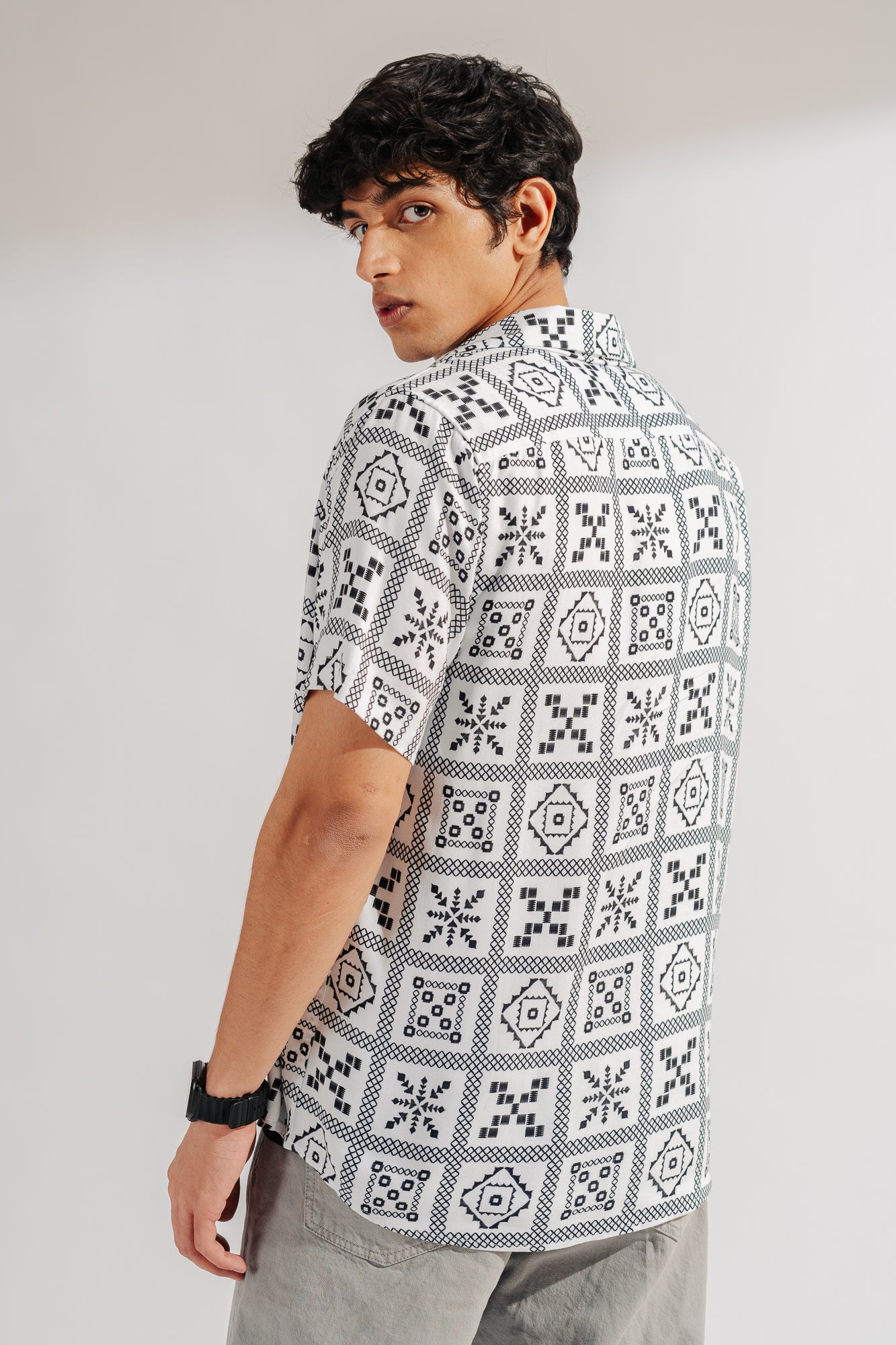 White Printed Men's Viscose Shirt