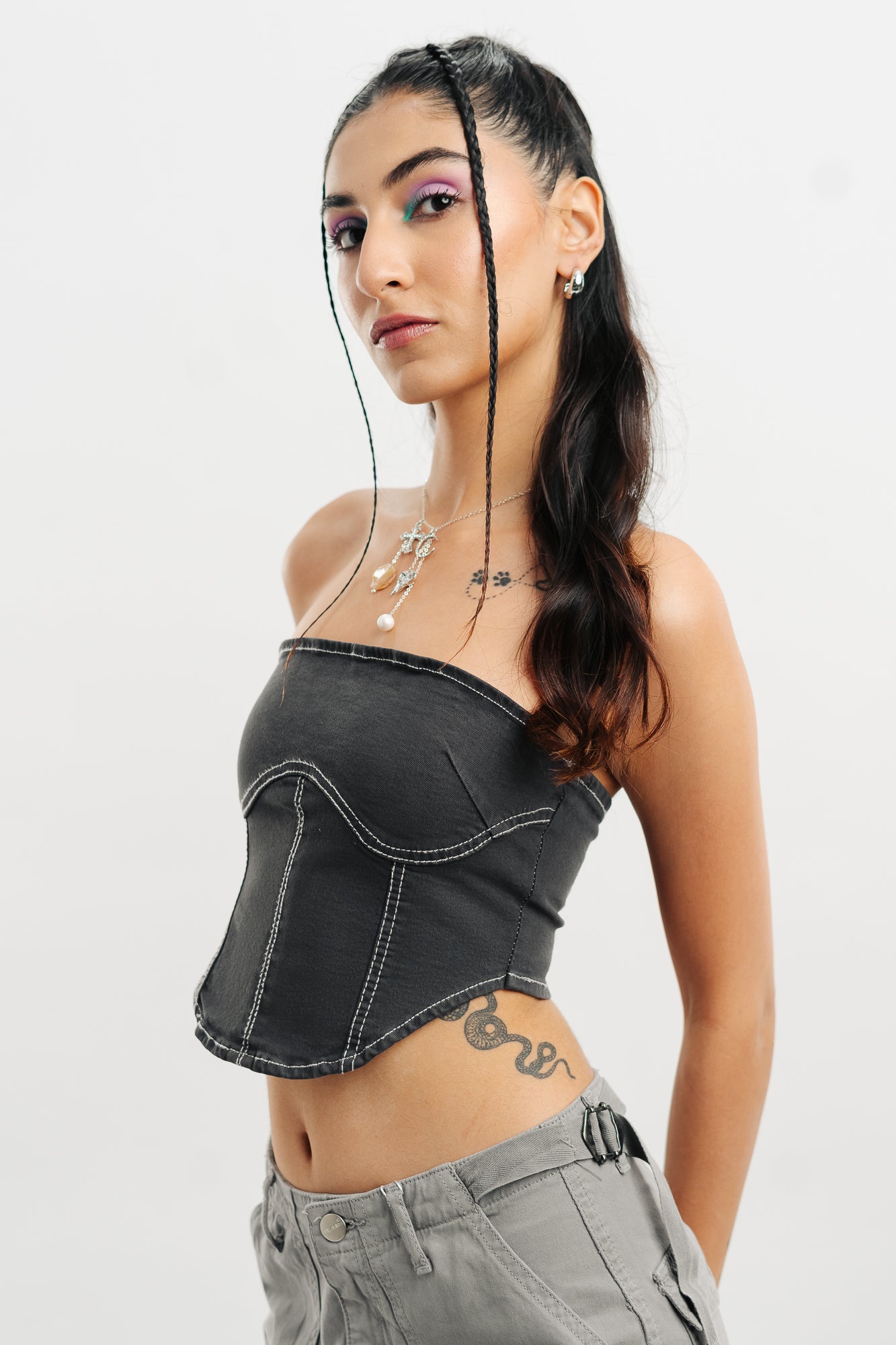 Indie Contrast Denim Bustier Top