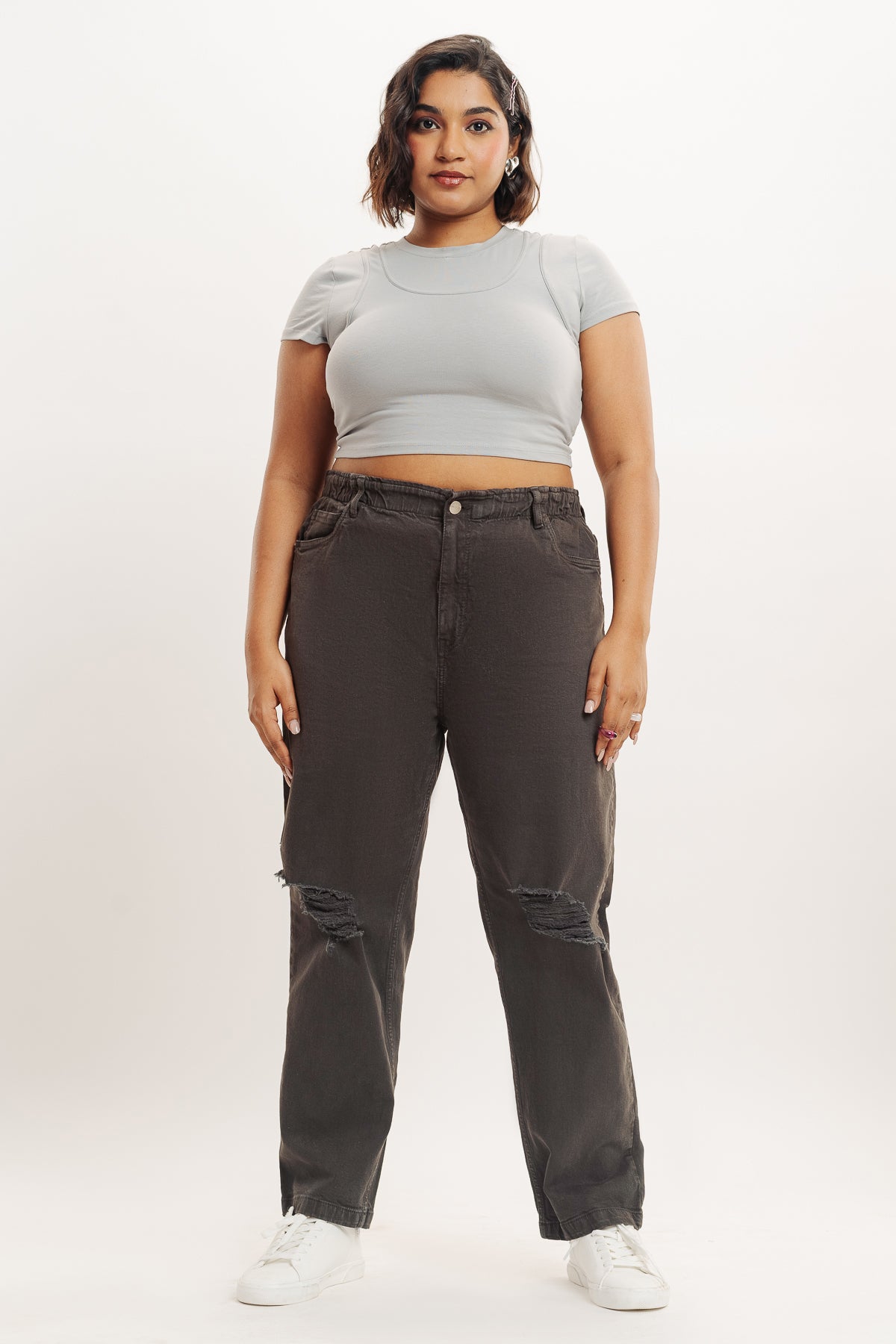 Olive Distress Elasticated Mom Jeans
