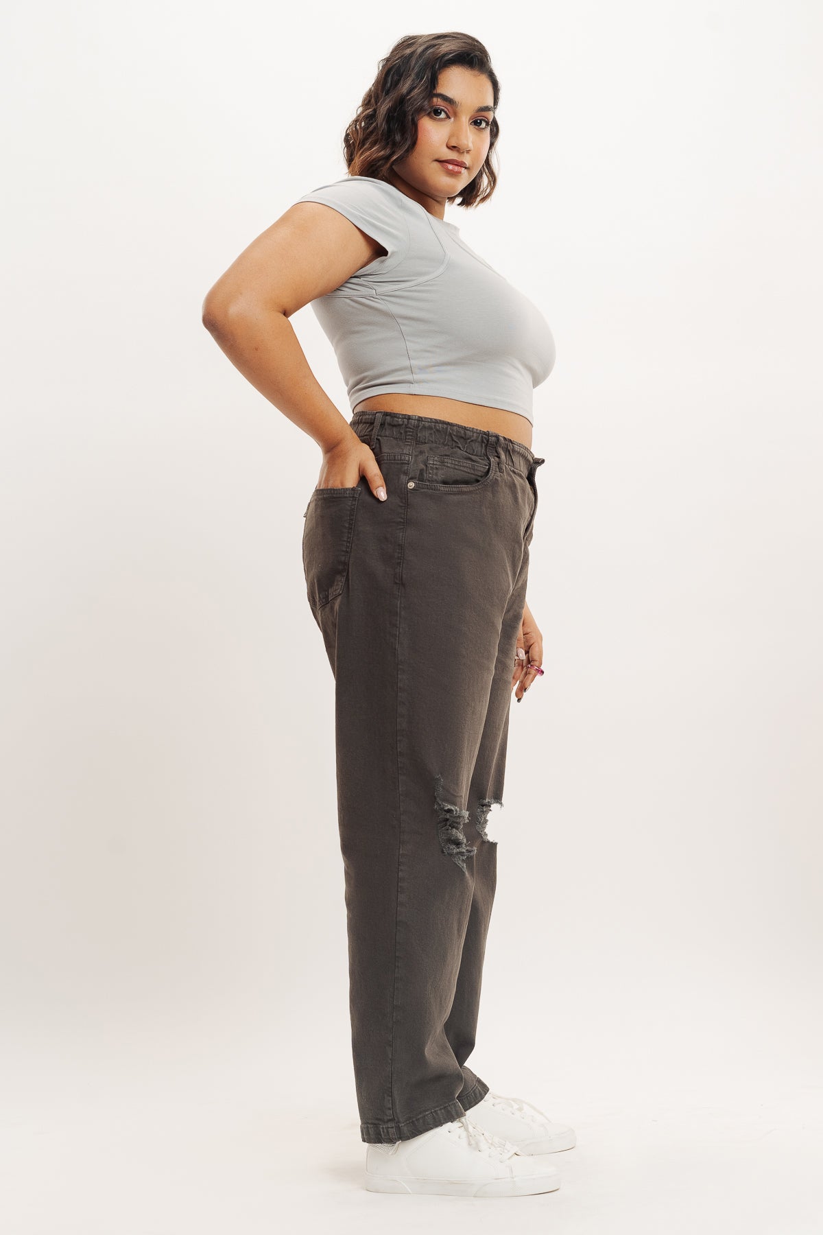 Olive Distress Elasticated Mom Jeans