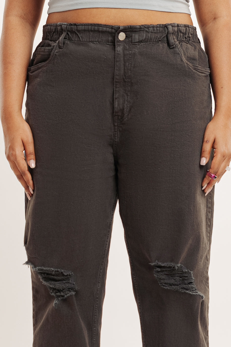 Olive Distress Elasticated Mom Jeans