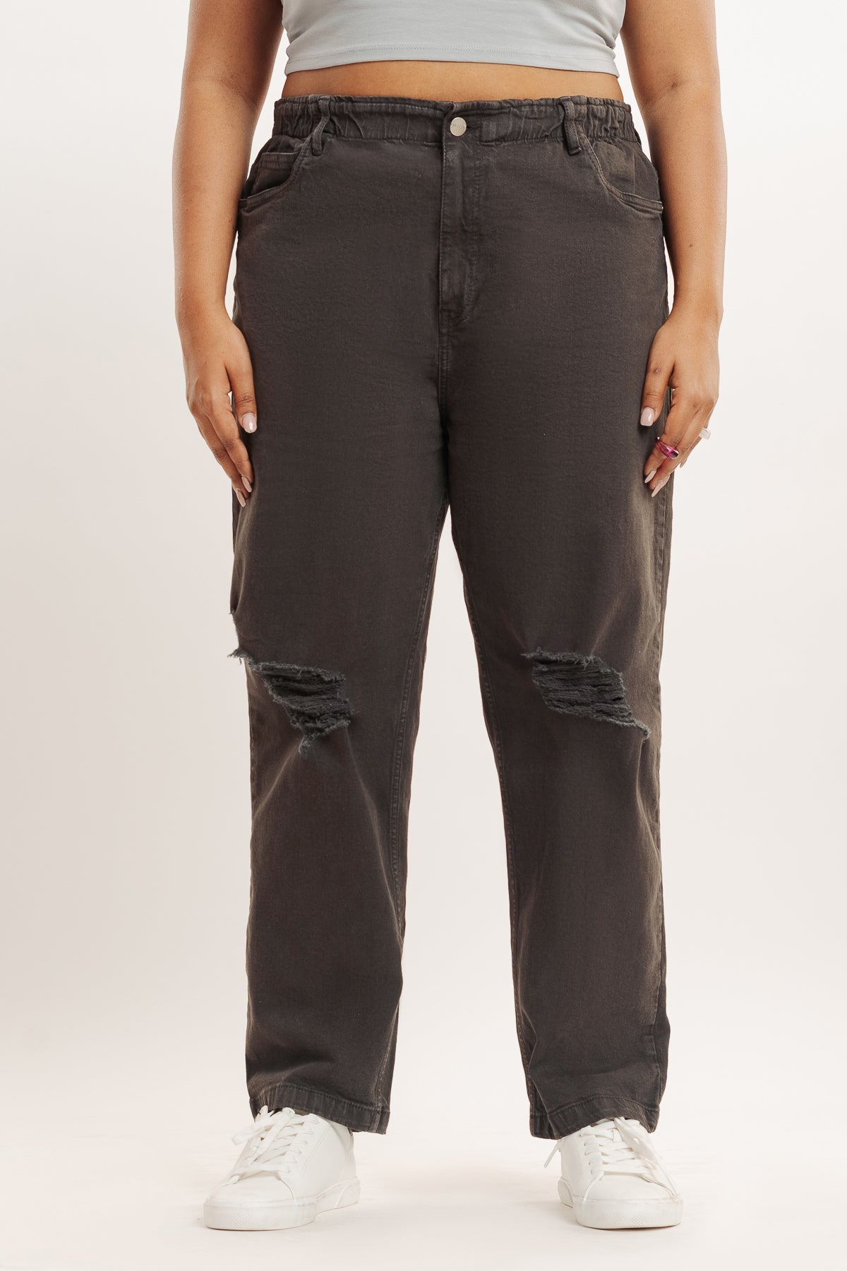 Olive Distress Elasticated Mom Jeans