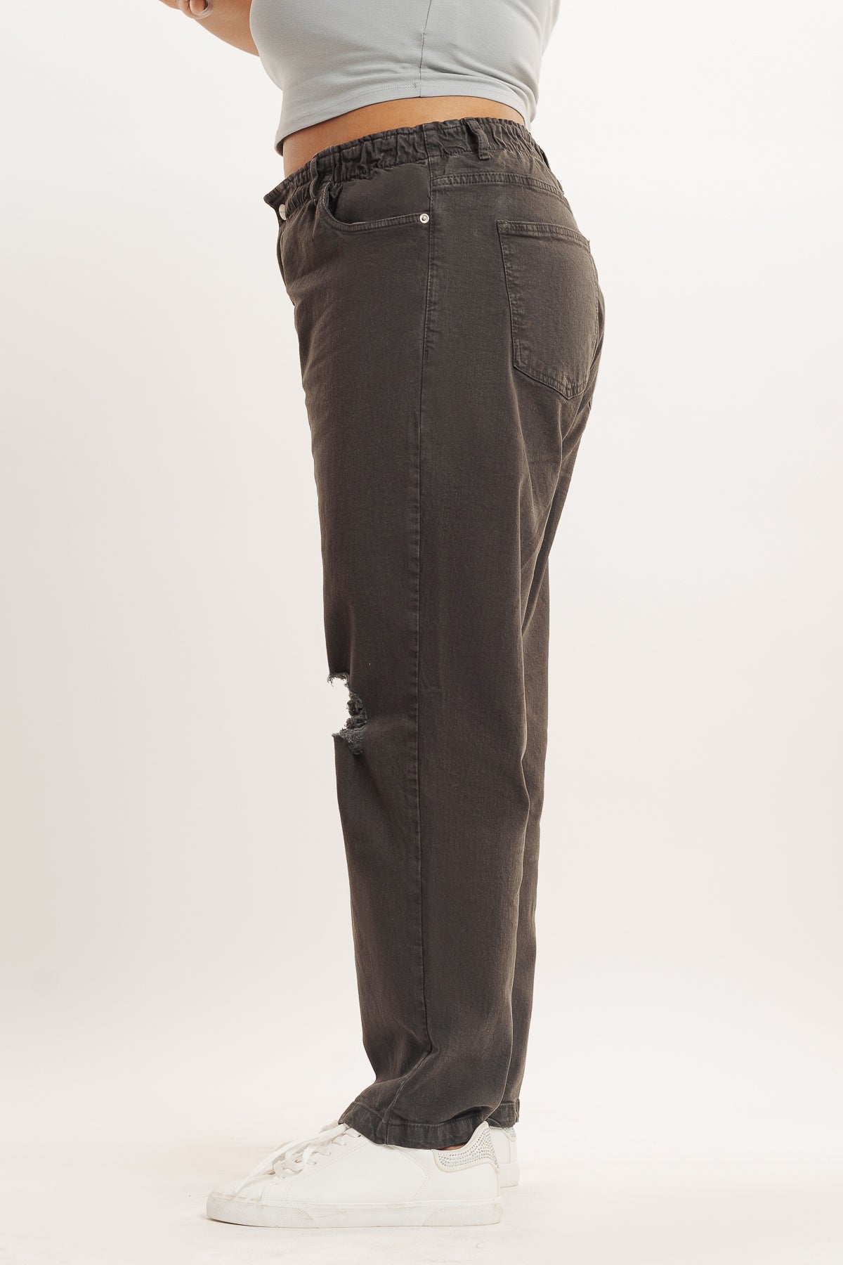 Olive Distress Elasticated Mom Jeans