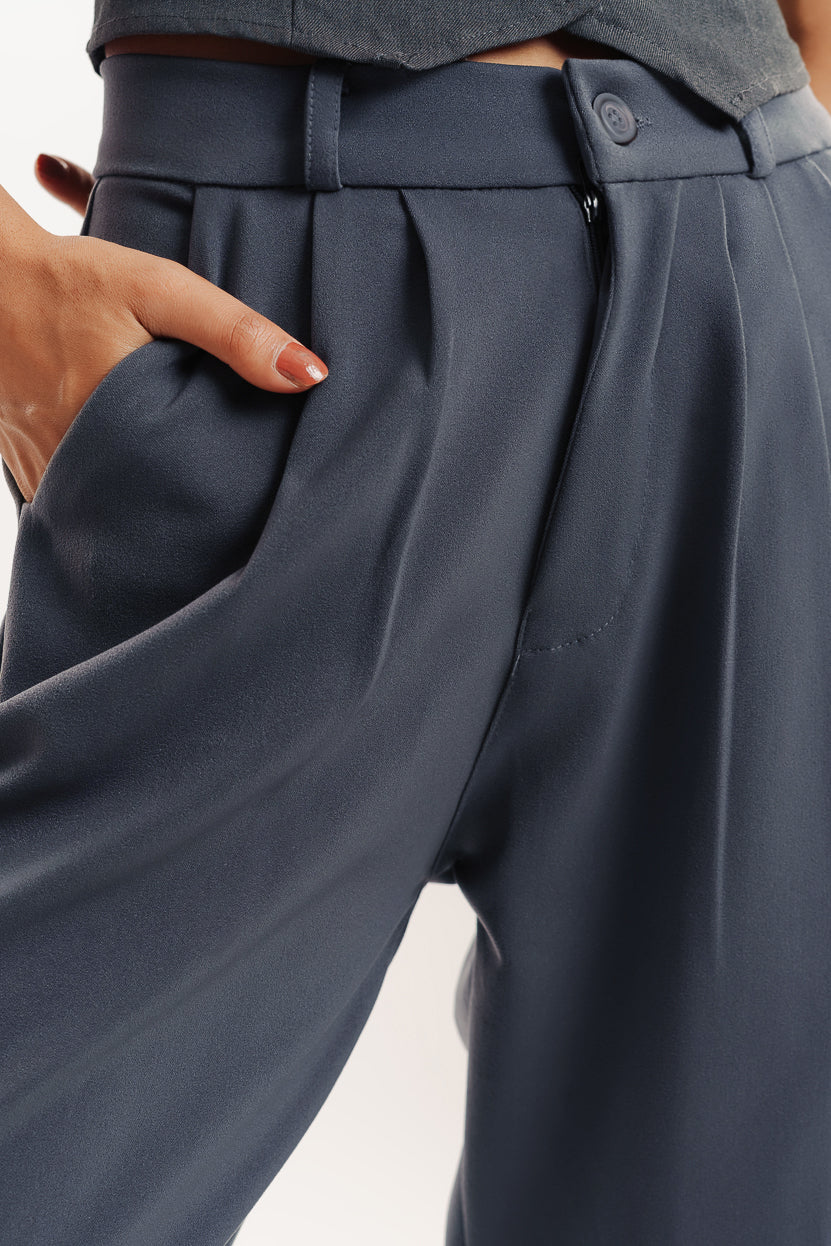 Grey Double Pleated Women's Wide Korean Pants