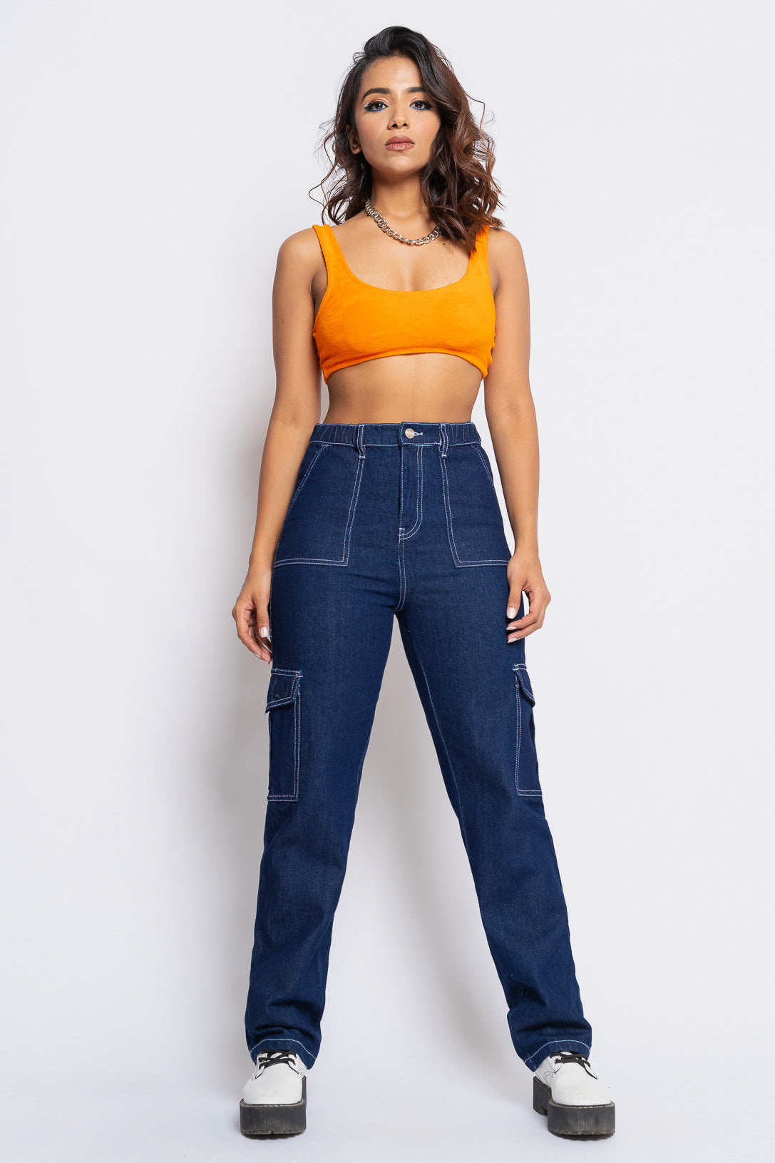 Dark Blue Women's Straight Cargo Jeans
