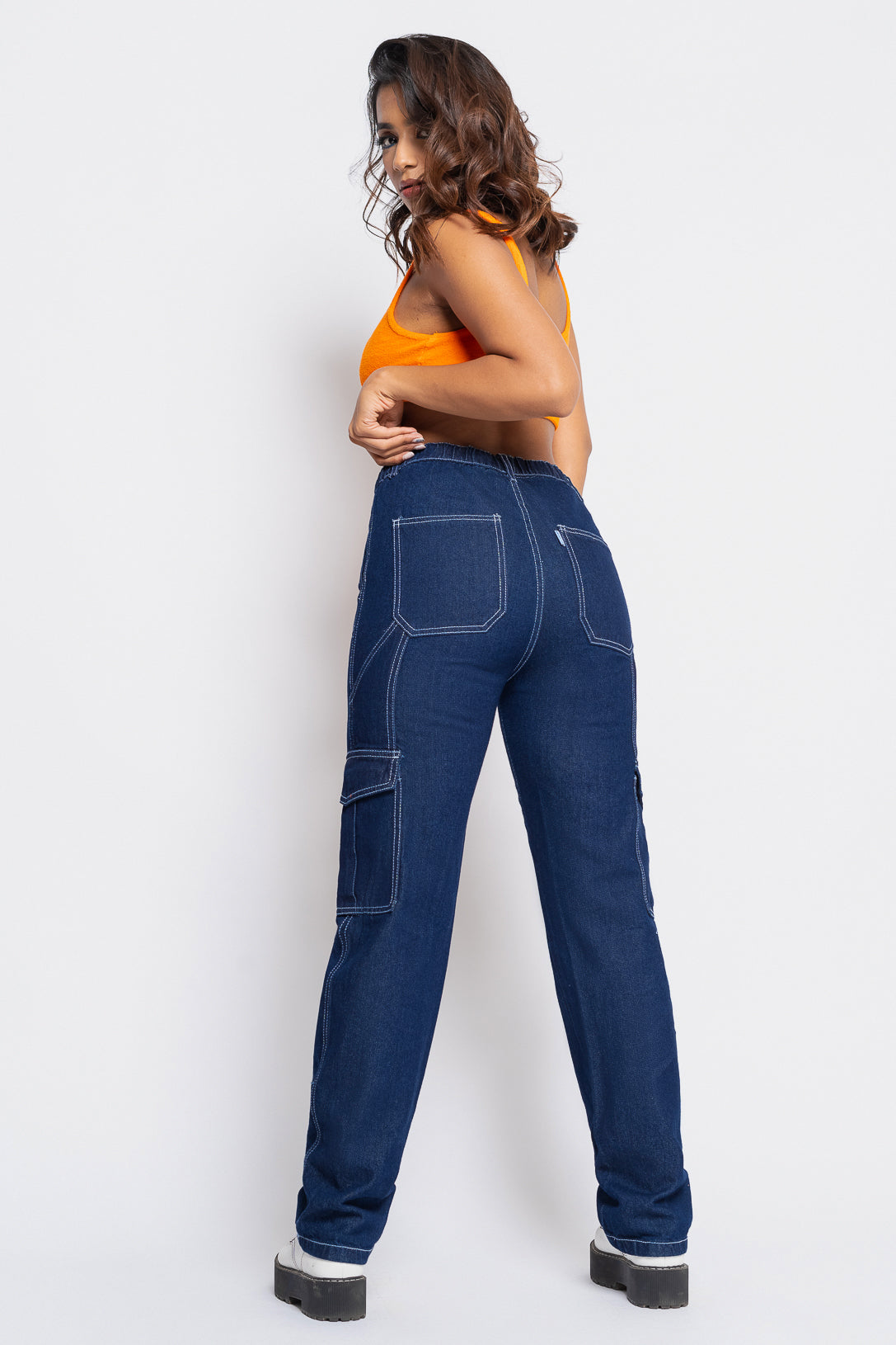 Dark Blue Women's Straight Cargo Jeans