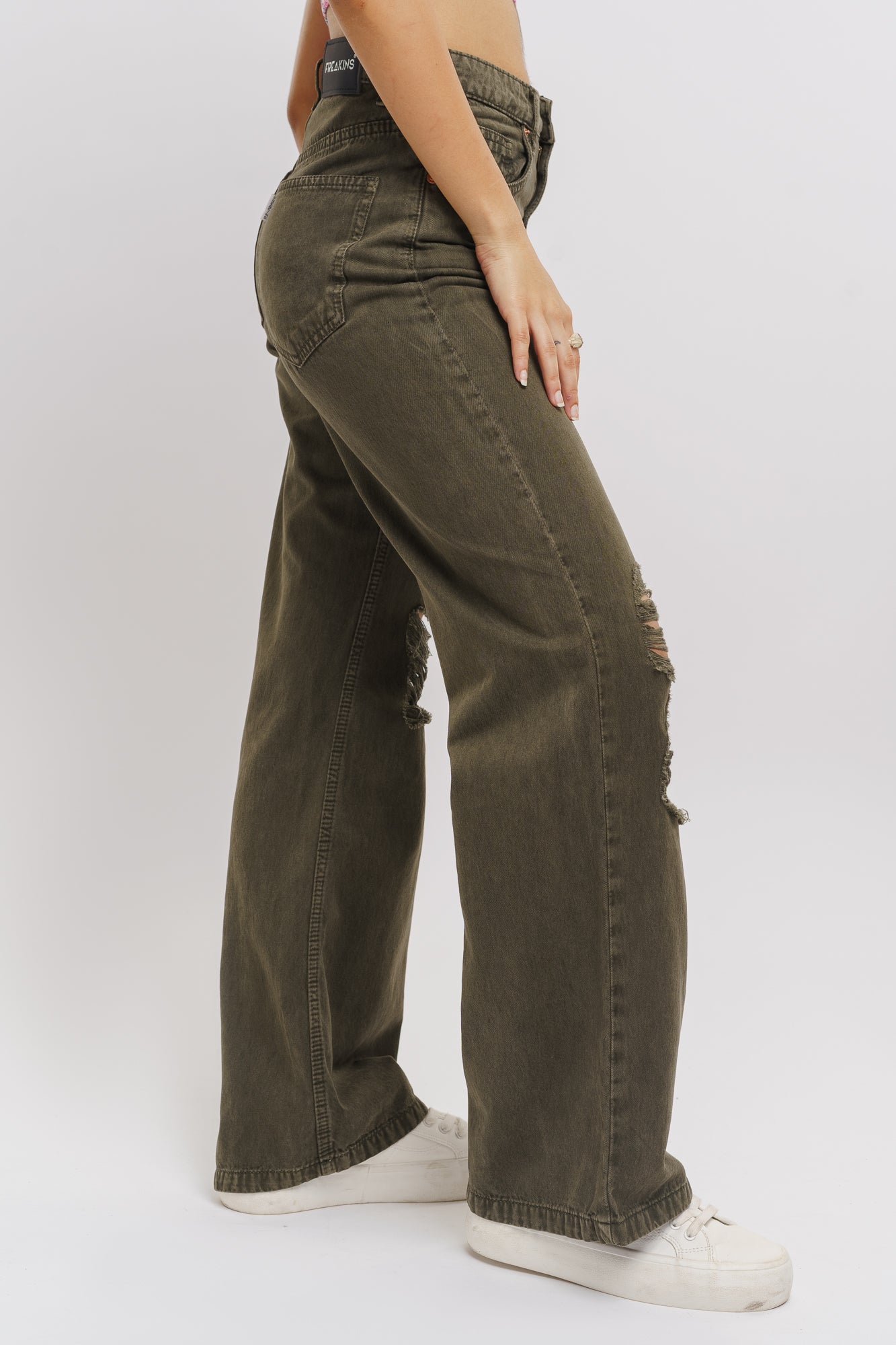 Olive Distressed Women's Wide Jeans