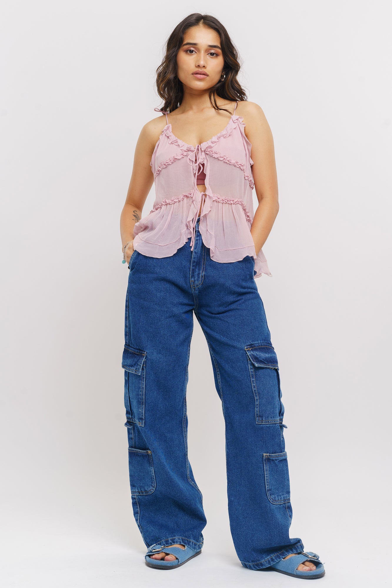Dense Blue Side Pocket Women's Baggy Straight Cargo Jeans