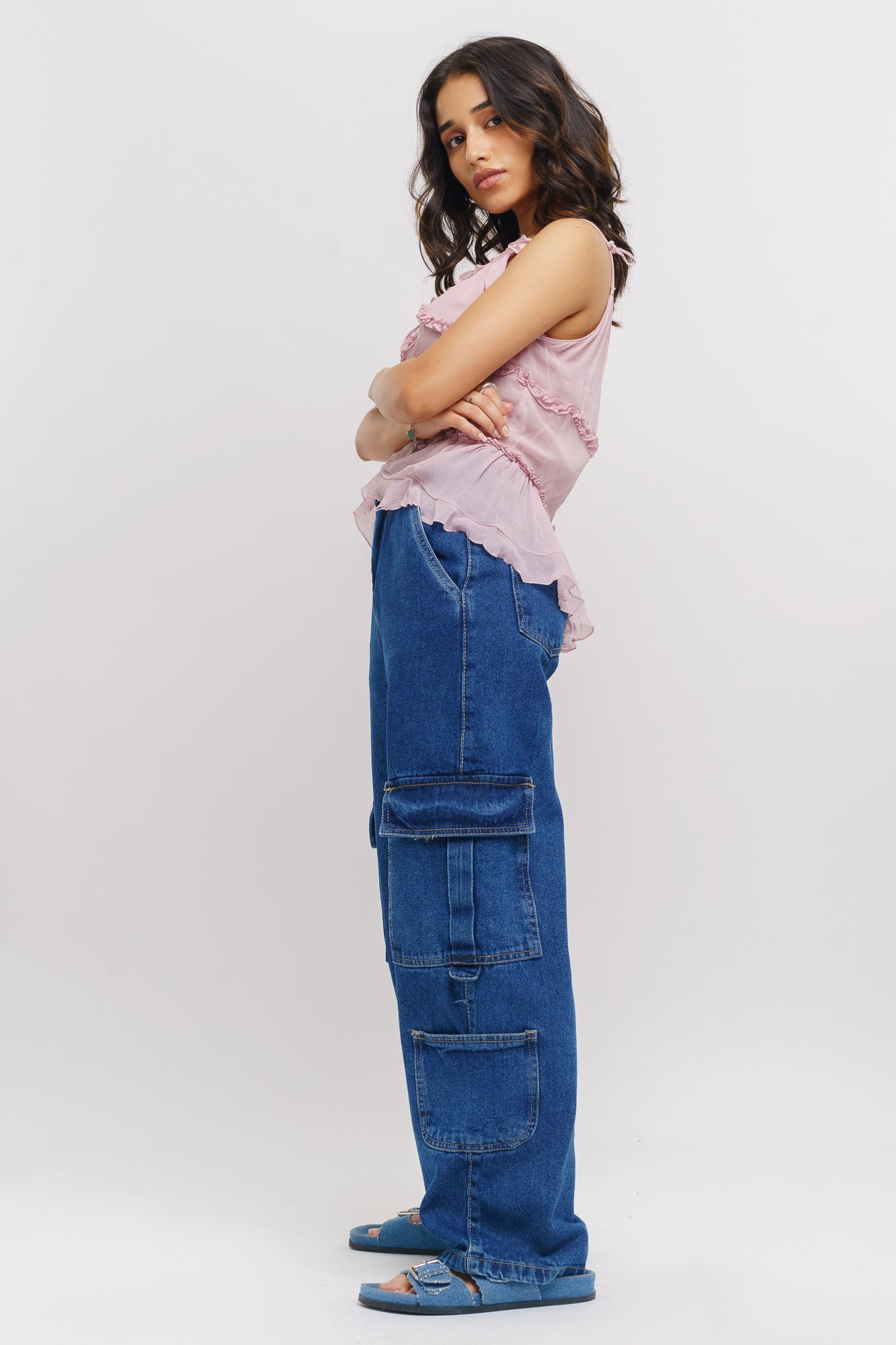 Dense Blue Side Pocket Women's Baggy Straight Cargo Jeans
