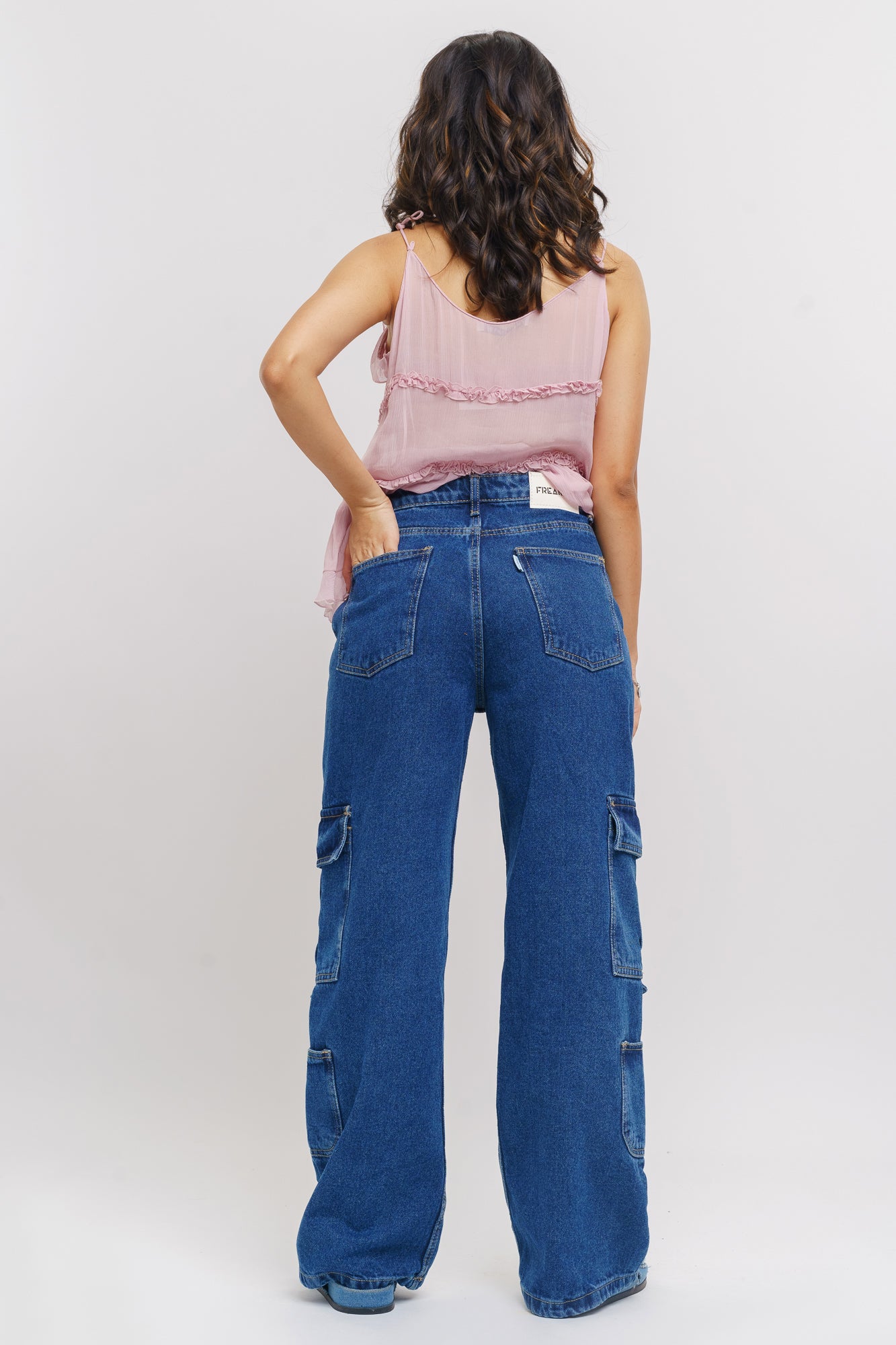 Dense Blue Side Pocket Women's Baggy Straight Cargo Jeans