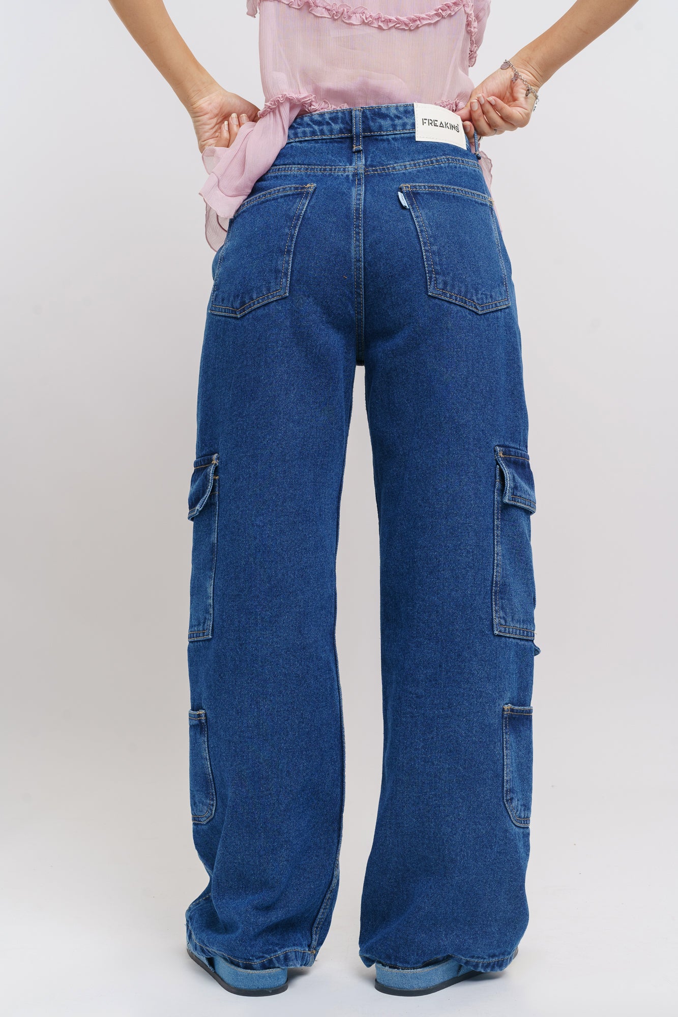 Dense Blue Side Pocket Women's Baggy Straight Cargo Jeans