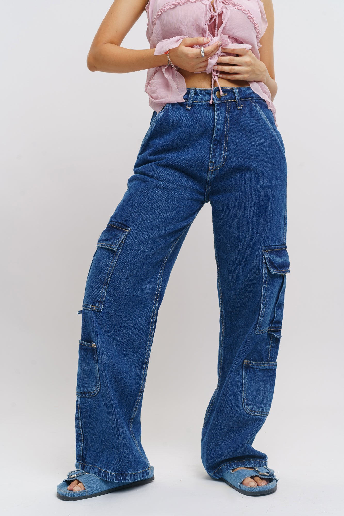 Dense Blue Side Pocket Women's Baggy Straight Cargo Jeans