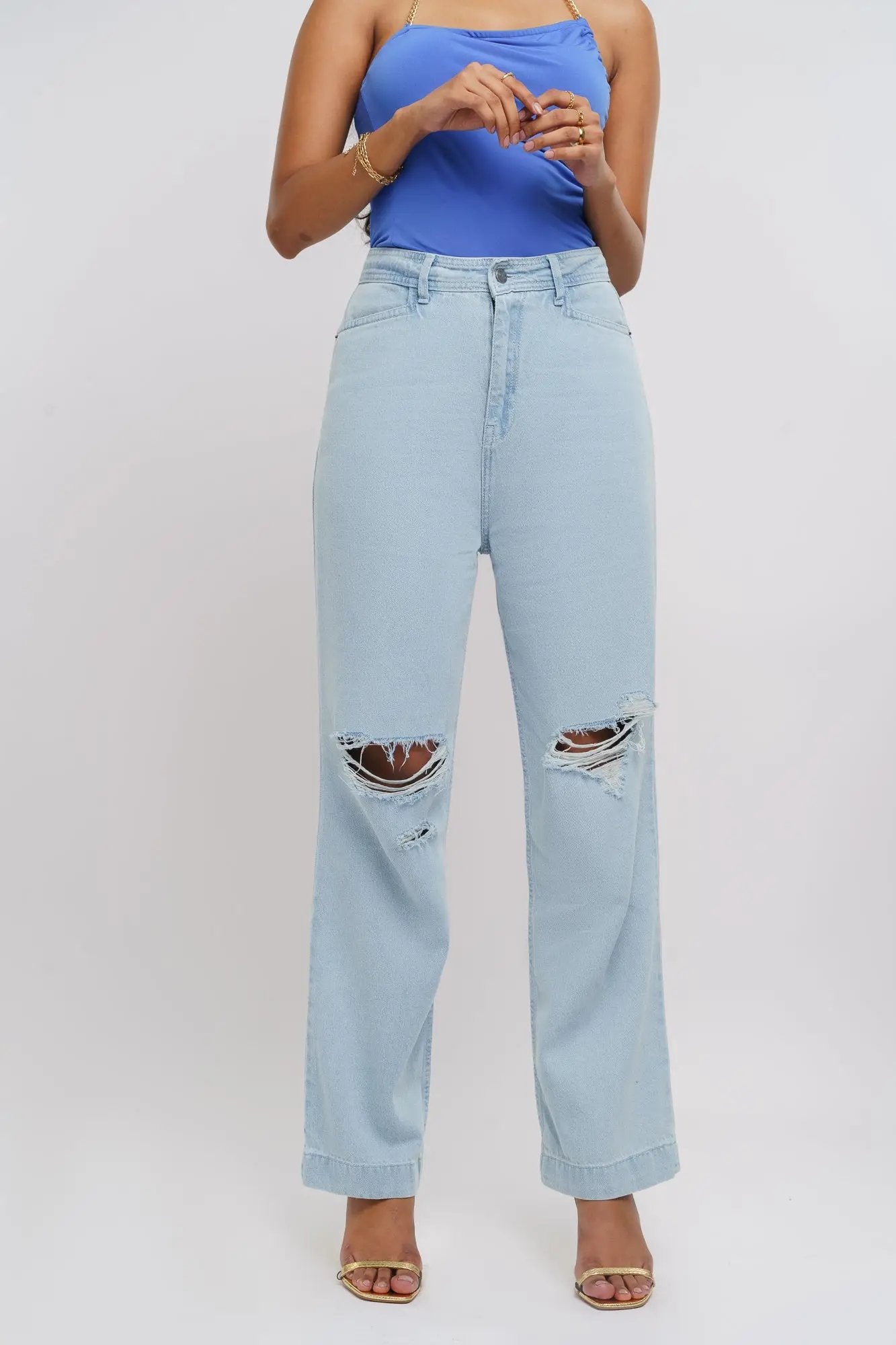 Ice Blue Distressed Women's Straight Jeans