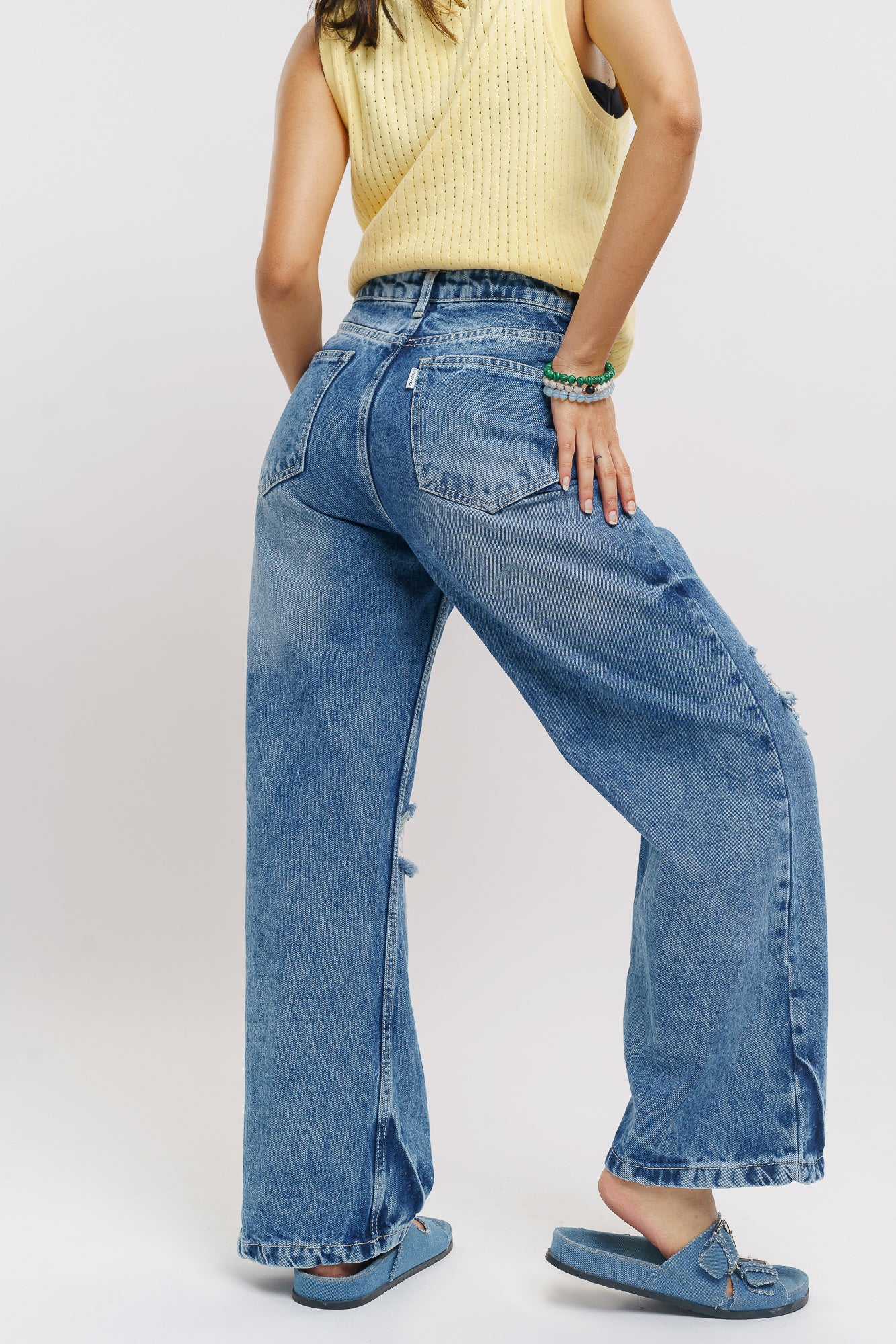 90's mid blue distressed straight jeans