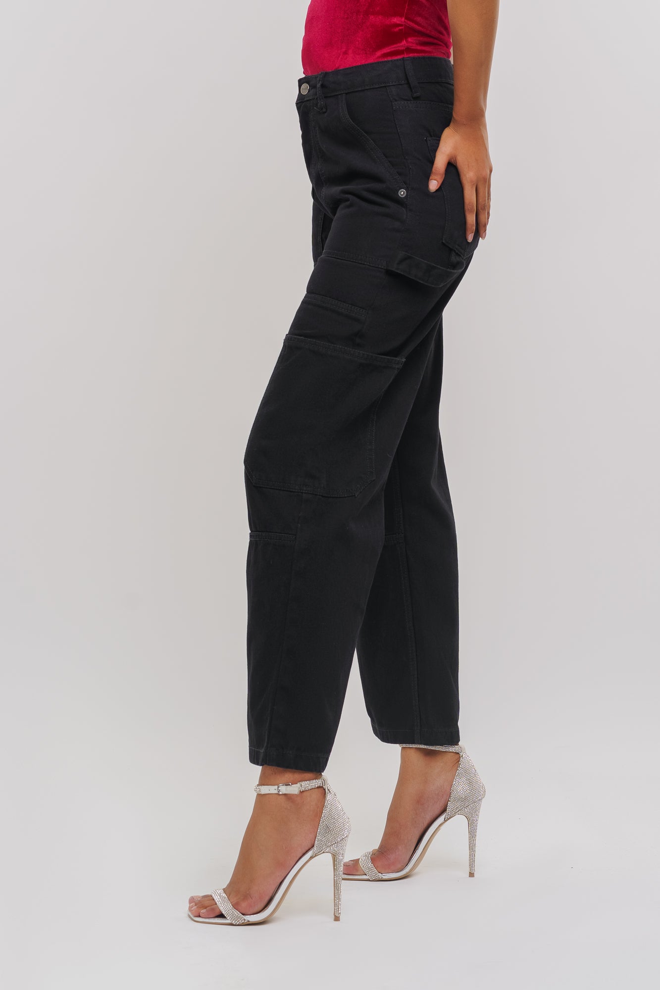 Black Patch & Pocket Women's Straight Cargo Jeans