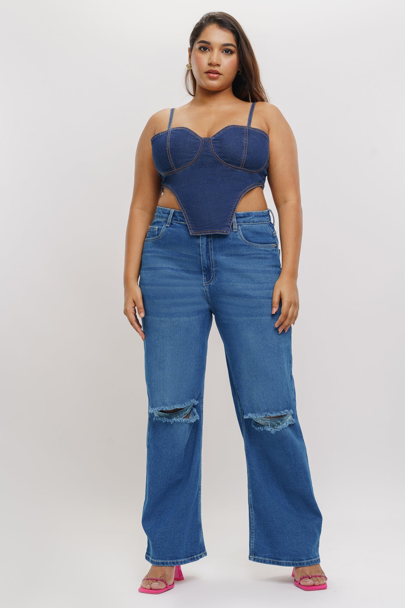 Curve Blue Distressed Wide Leg Jeans
