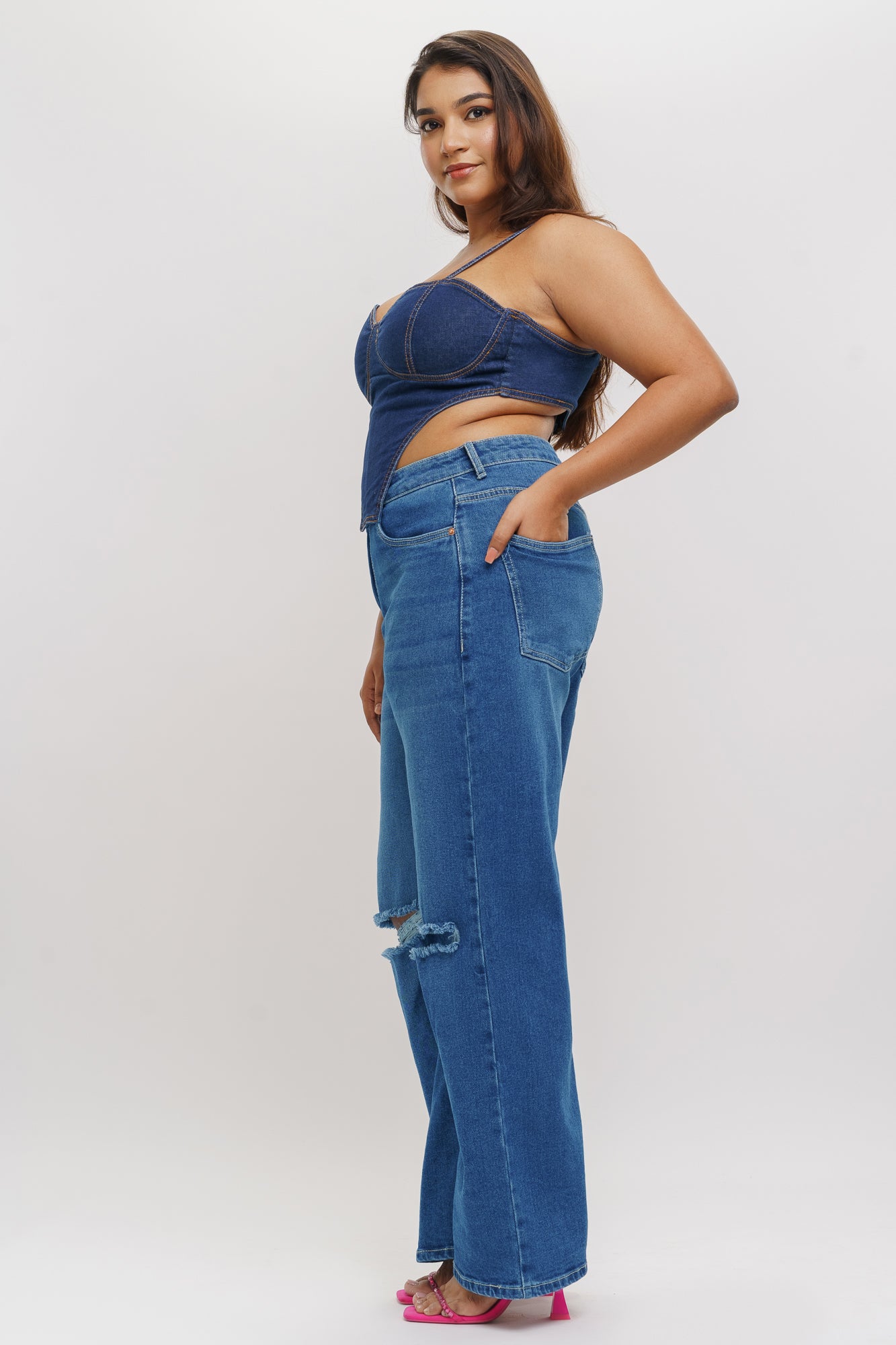 Curve Blue Distressed Wide Leg Jeans
