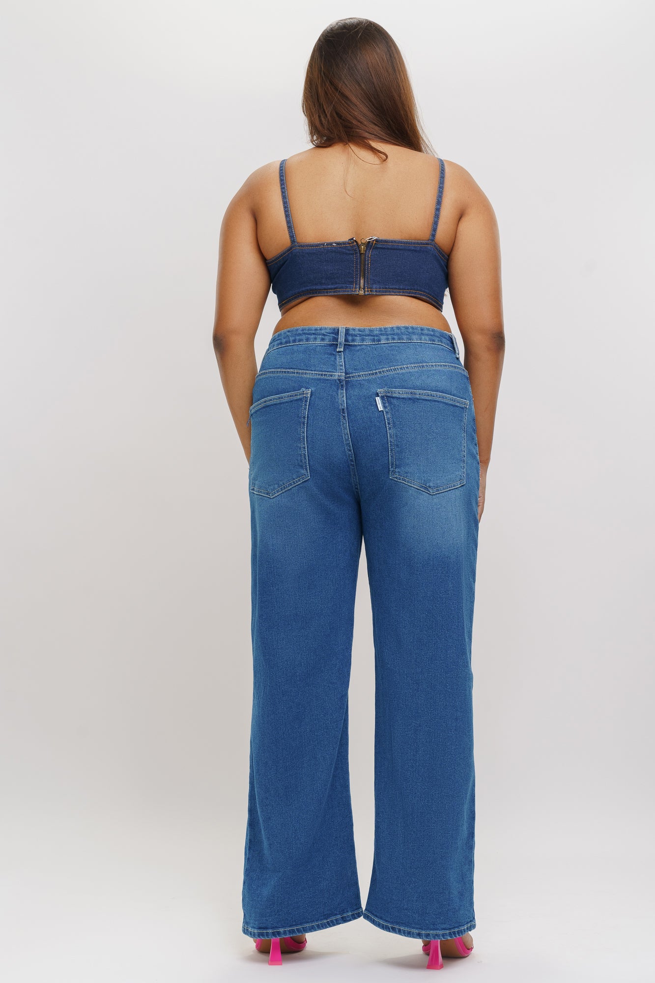 Curve Blue Distressed Wide Leg Jeans
