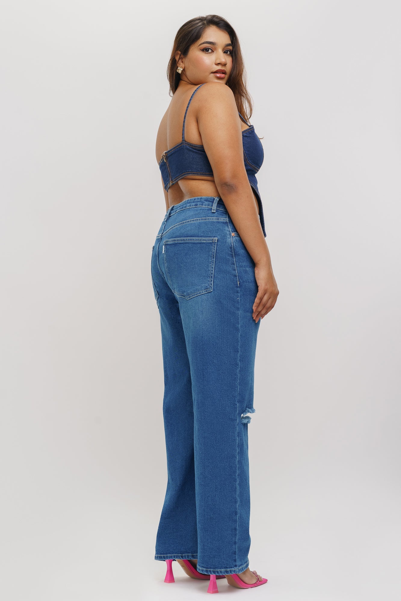 Curve Blue Distressed Wide Leg Jeans