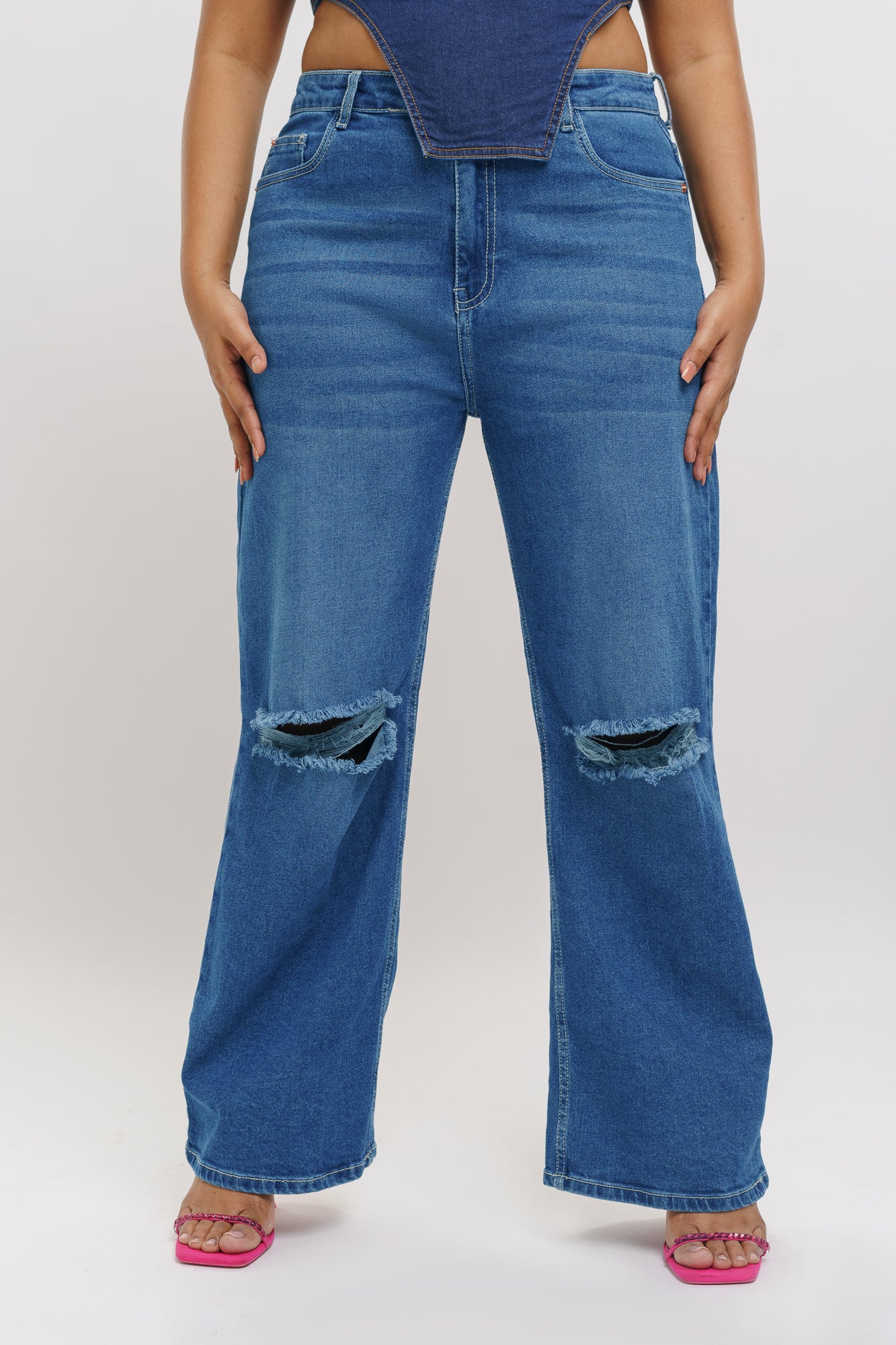 Curve Blue Distressed Wide Leg Jeans