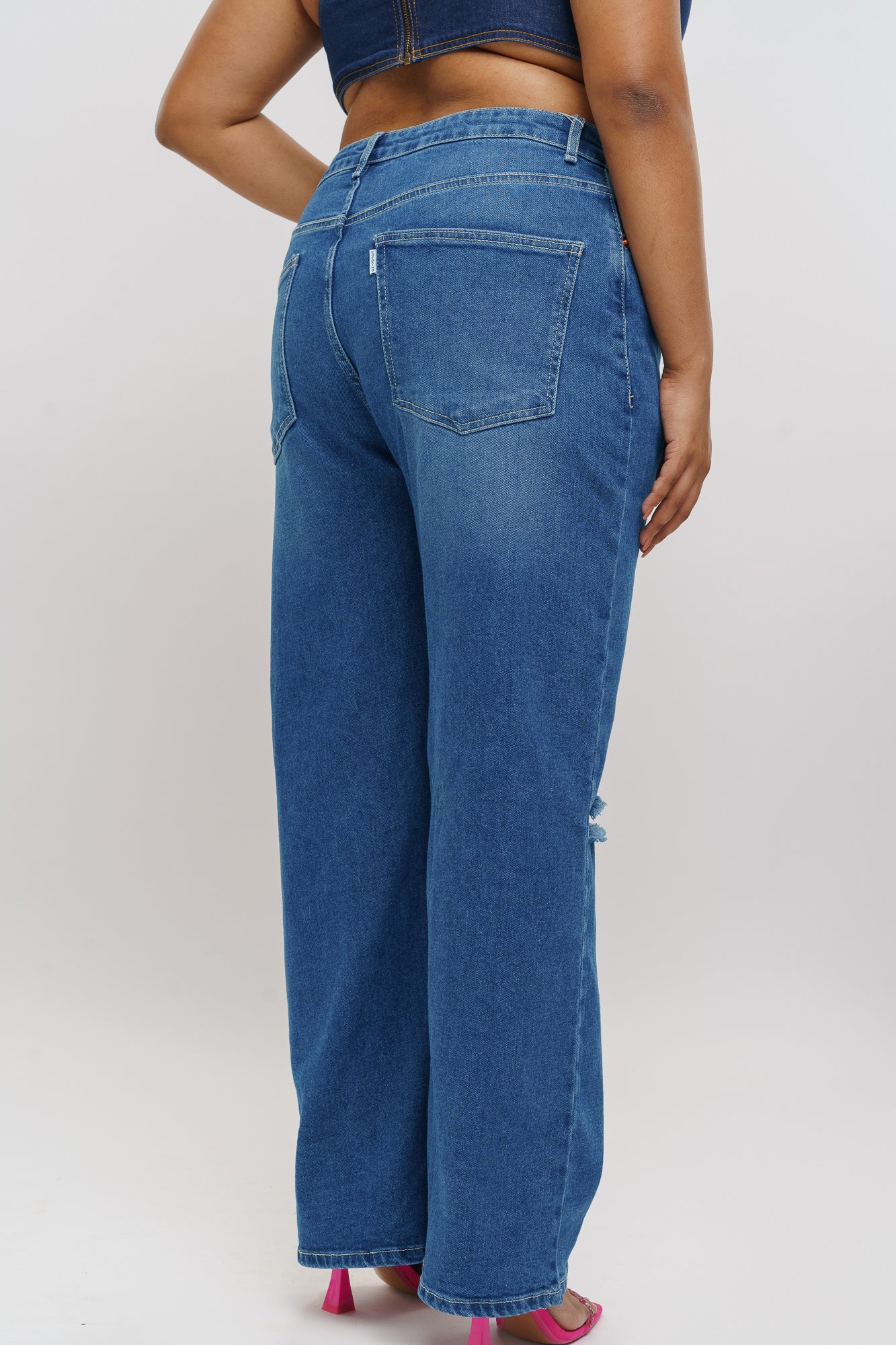Curve Blue Distressed Wide Leg Jeans