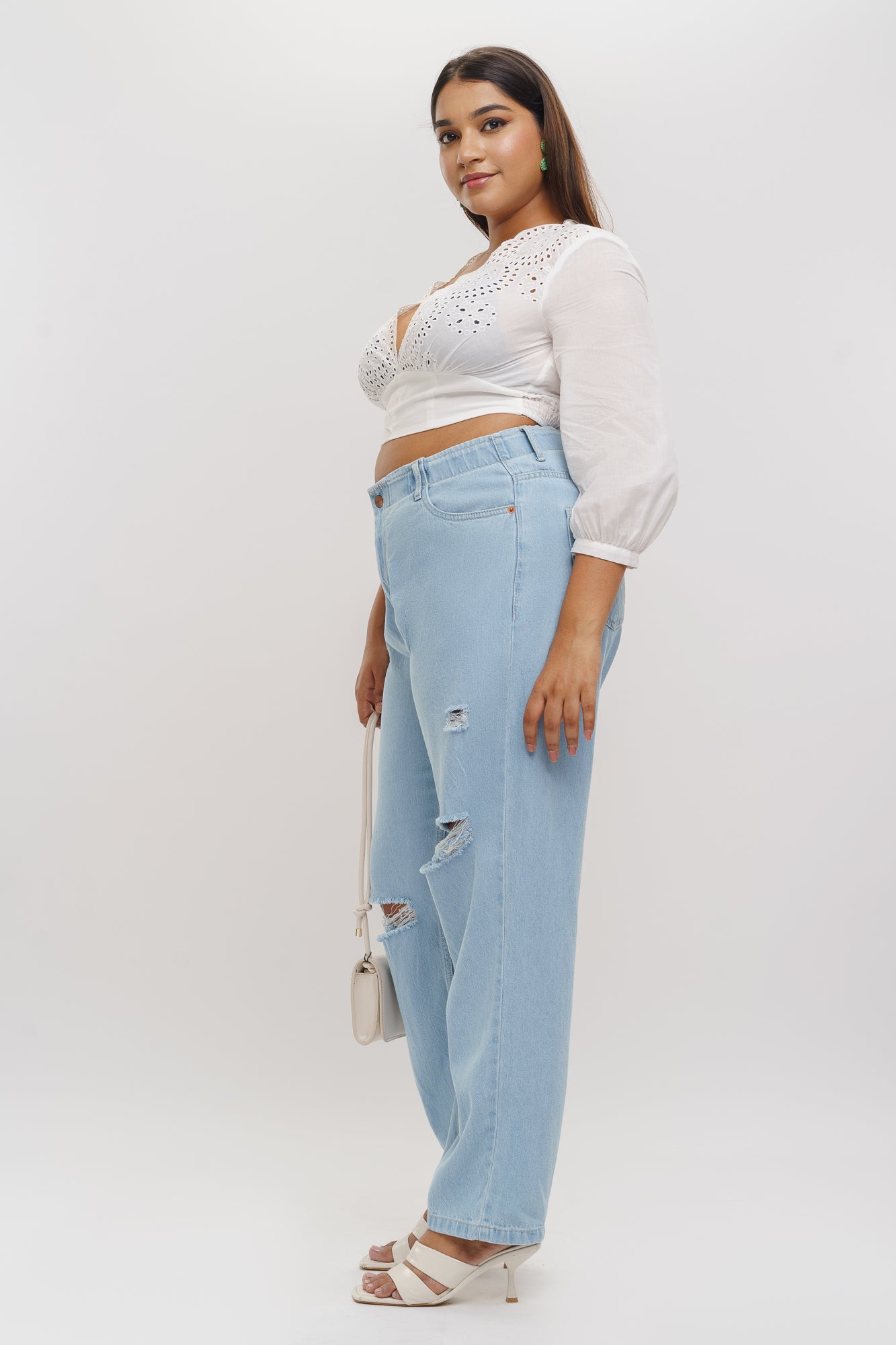 Light Elasticated Distress Mom Jeans