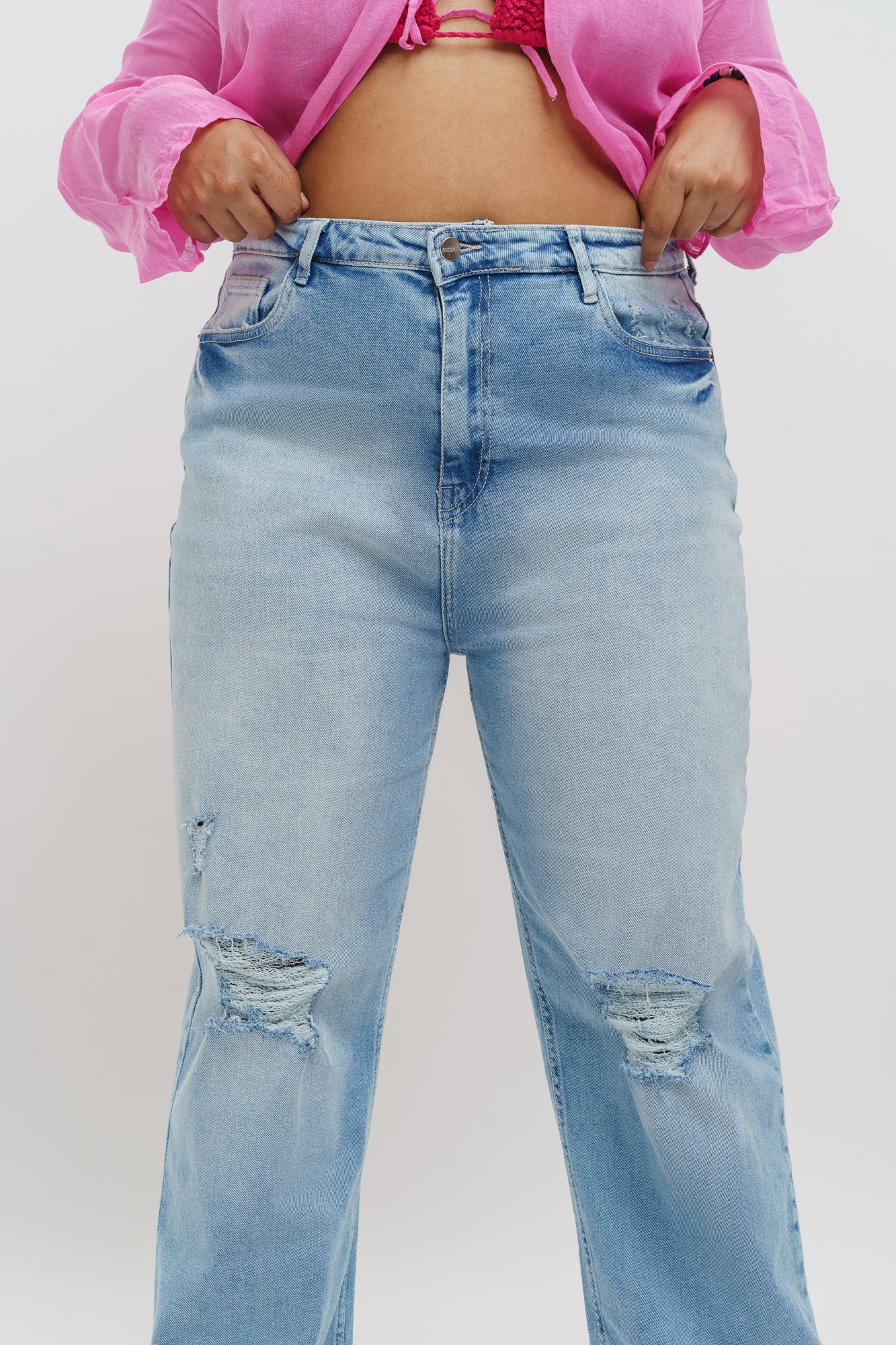 Curve Blue Distressed Straight Jeans