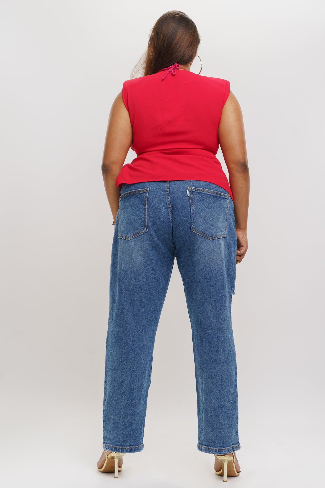 ELASTICATED HEAVY DISTRESSE MOM JEANS