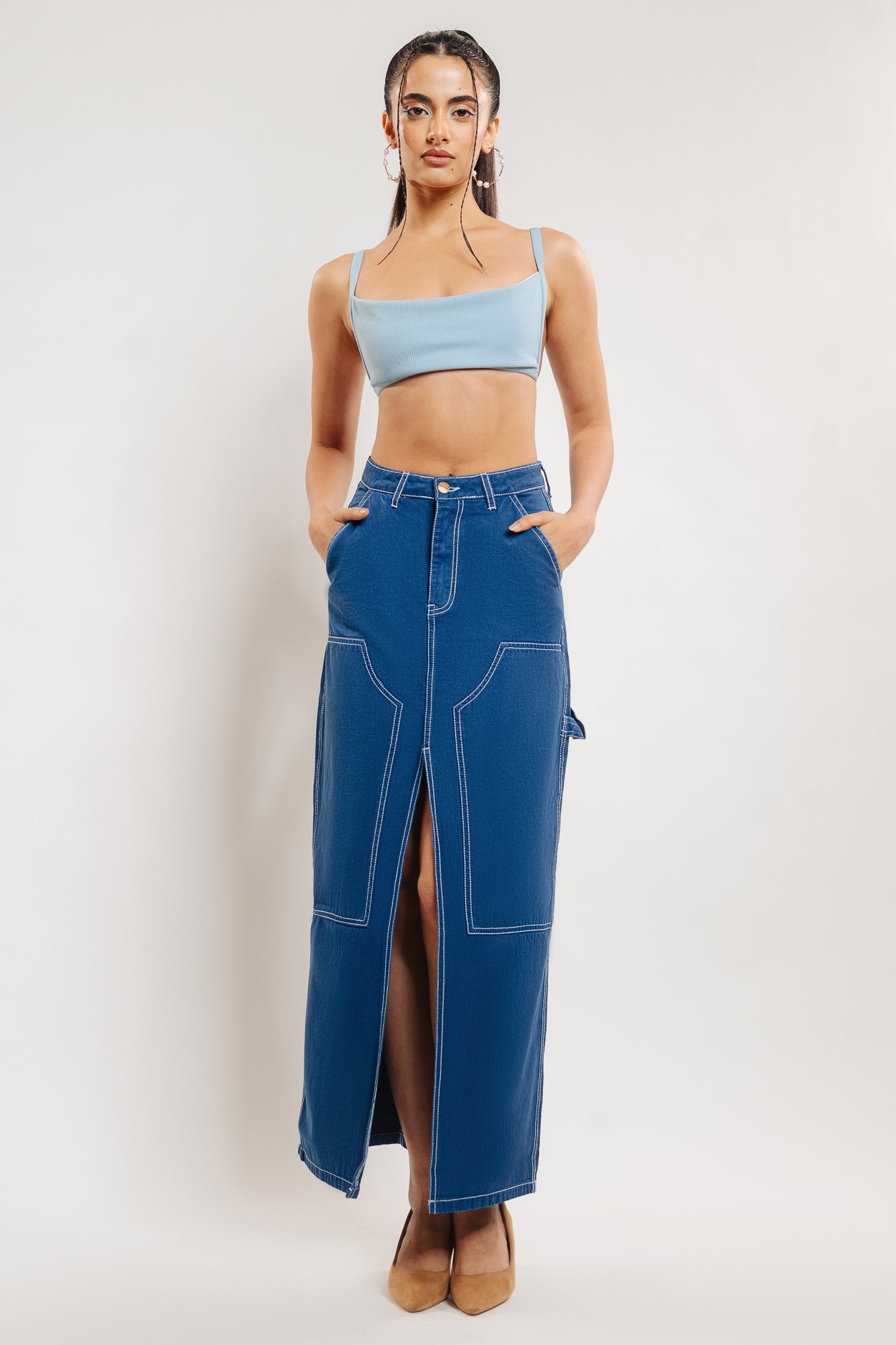 Marine Blue Contrast Stitch Front Slit Women's Long Skirt