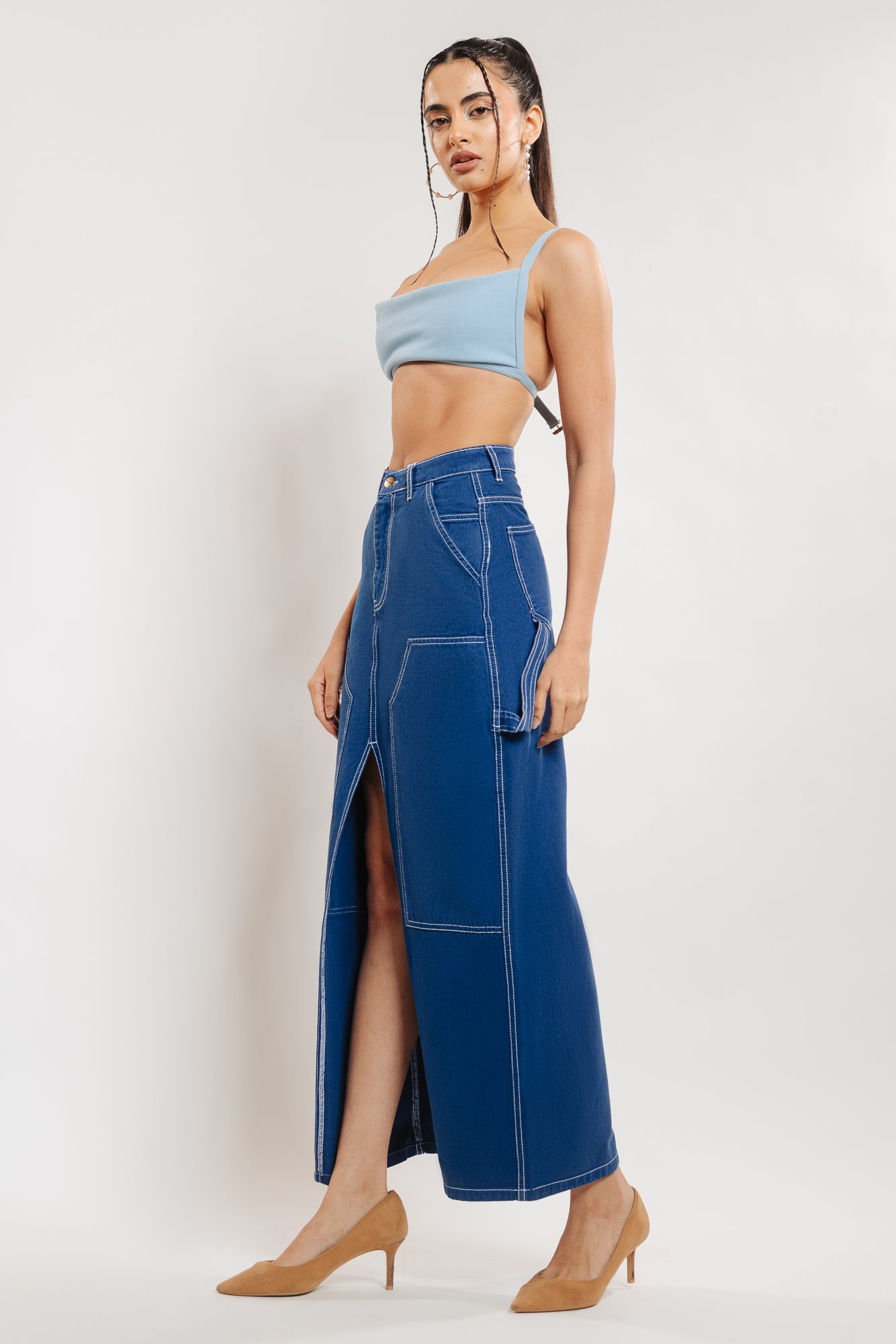 Marine Blue Contrast Stitch Front Slit Women's Long Skirt