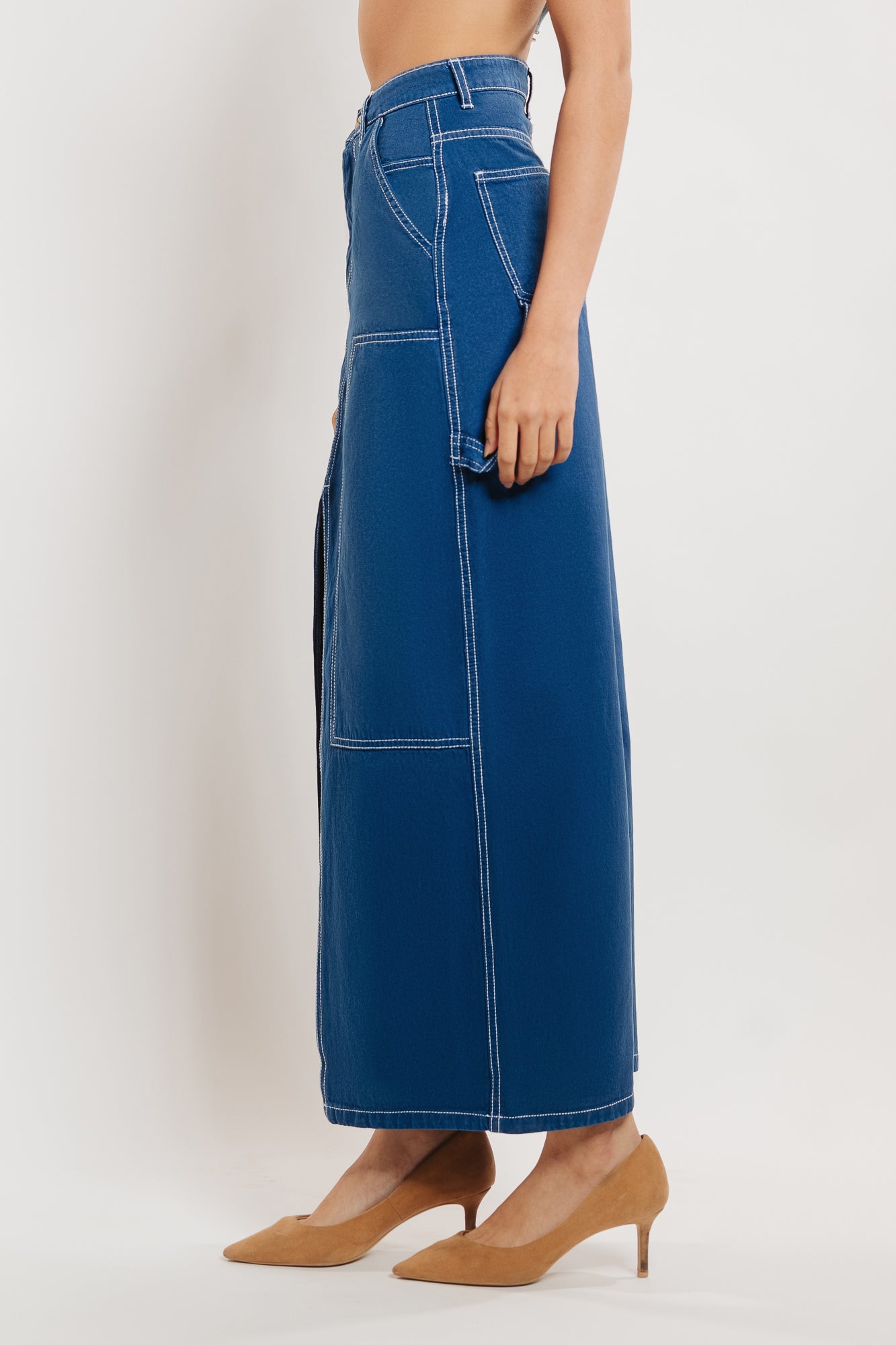 Marine Blue Contrast Stitch Front Slit Women's Long Skirt