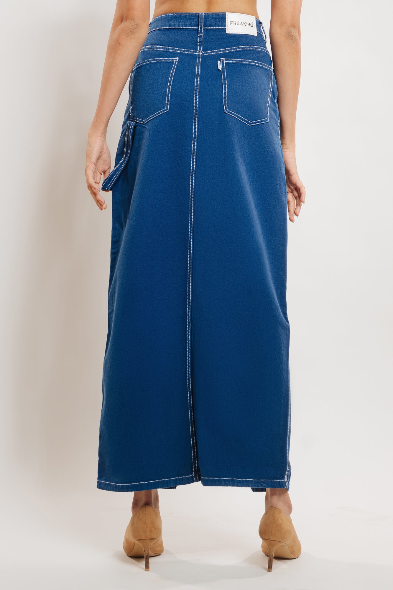 Marine Blue Contrast Stitch Front Slit Women's Long Skirt