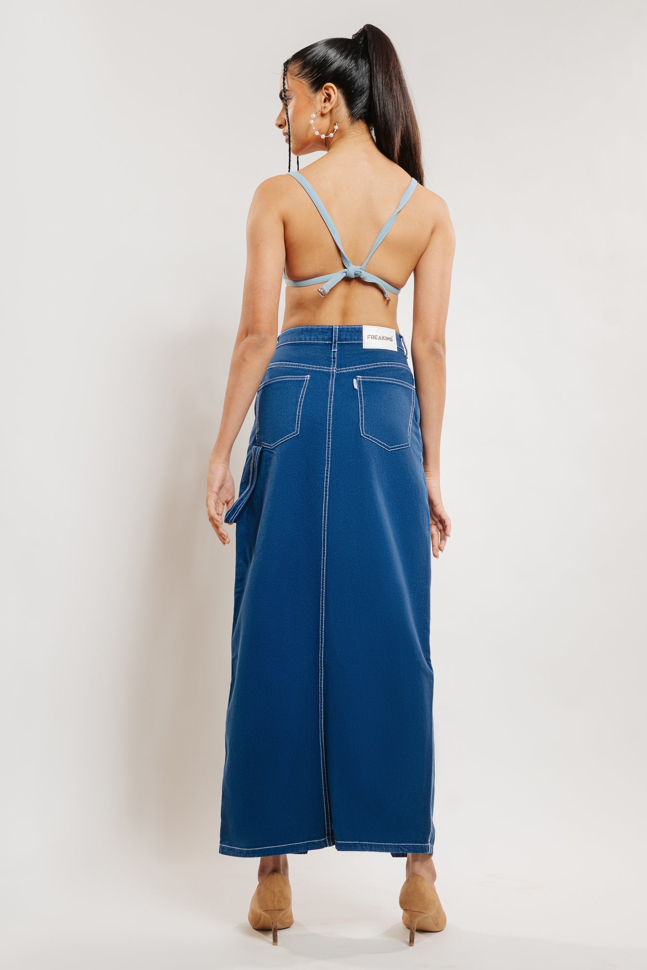 Marine Blue Contrast Stitch Front Slit Women's Long Skirt