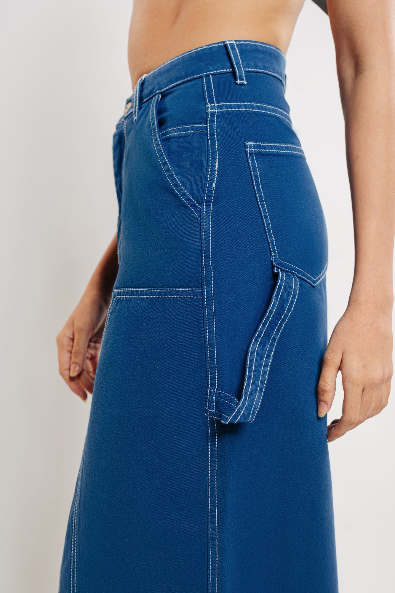 Marine Blue Contrast Stitch Front Slit Women's Long Skirt