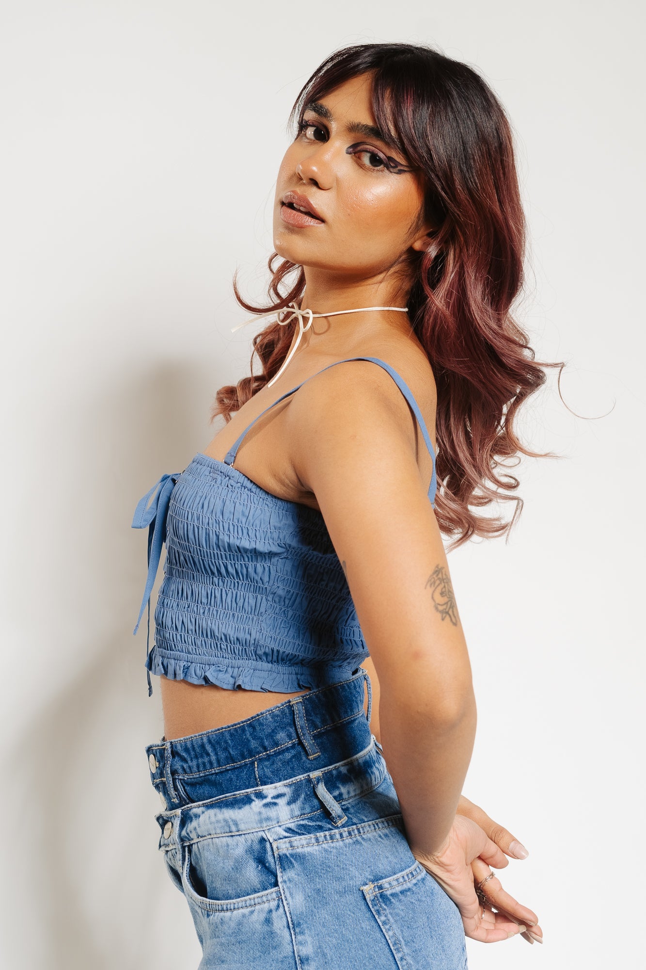 Denim Strap Criss Cross Blouse