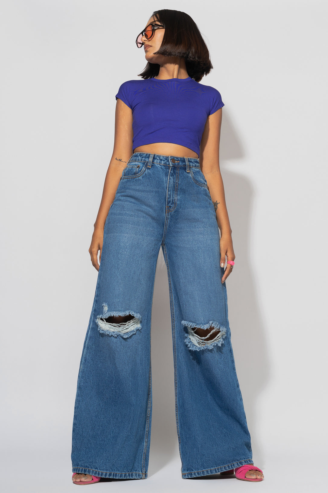 Blue Distressed Women's Flare Jeans