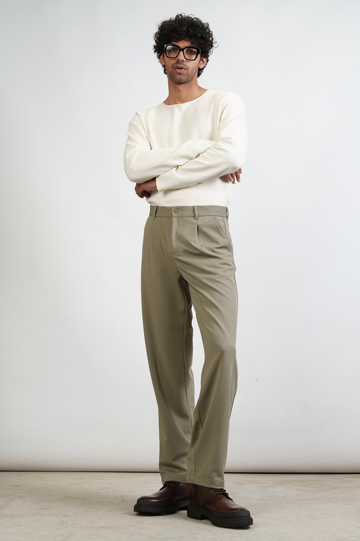 Sage Green Pleated Men's Straight Korean Pants