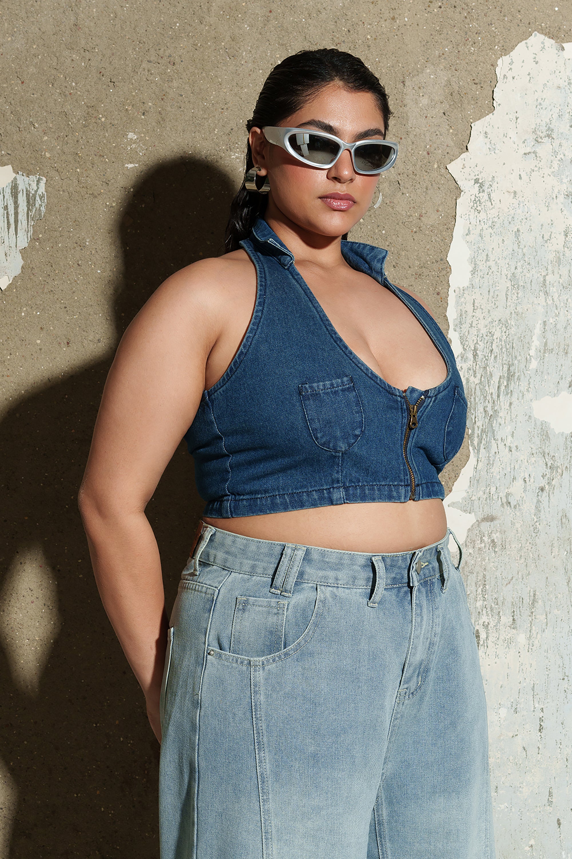 Curve Blue Cropped Denim Halter Top