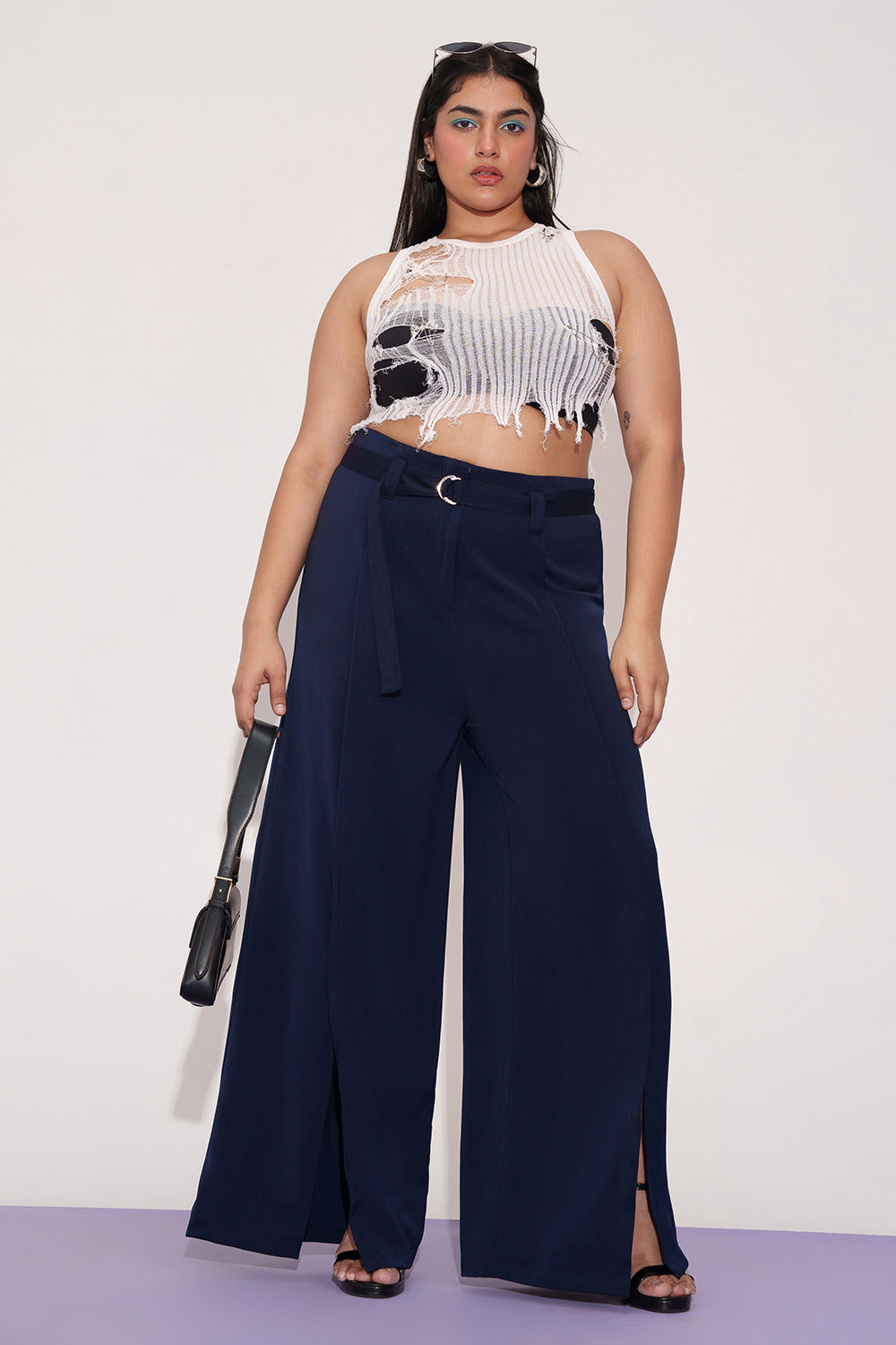 Navy Curve Belted Flared Korean Pants