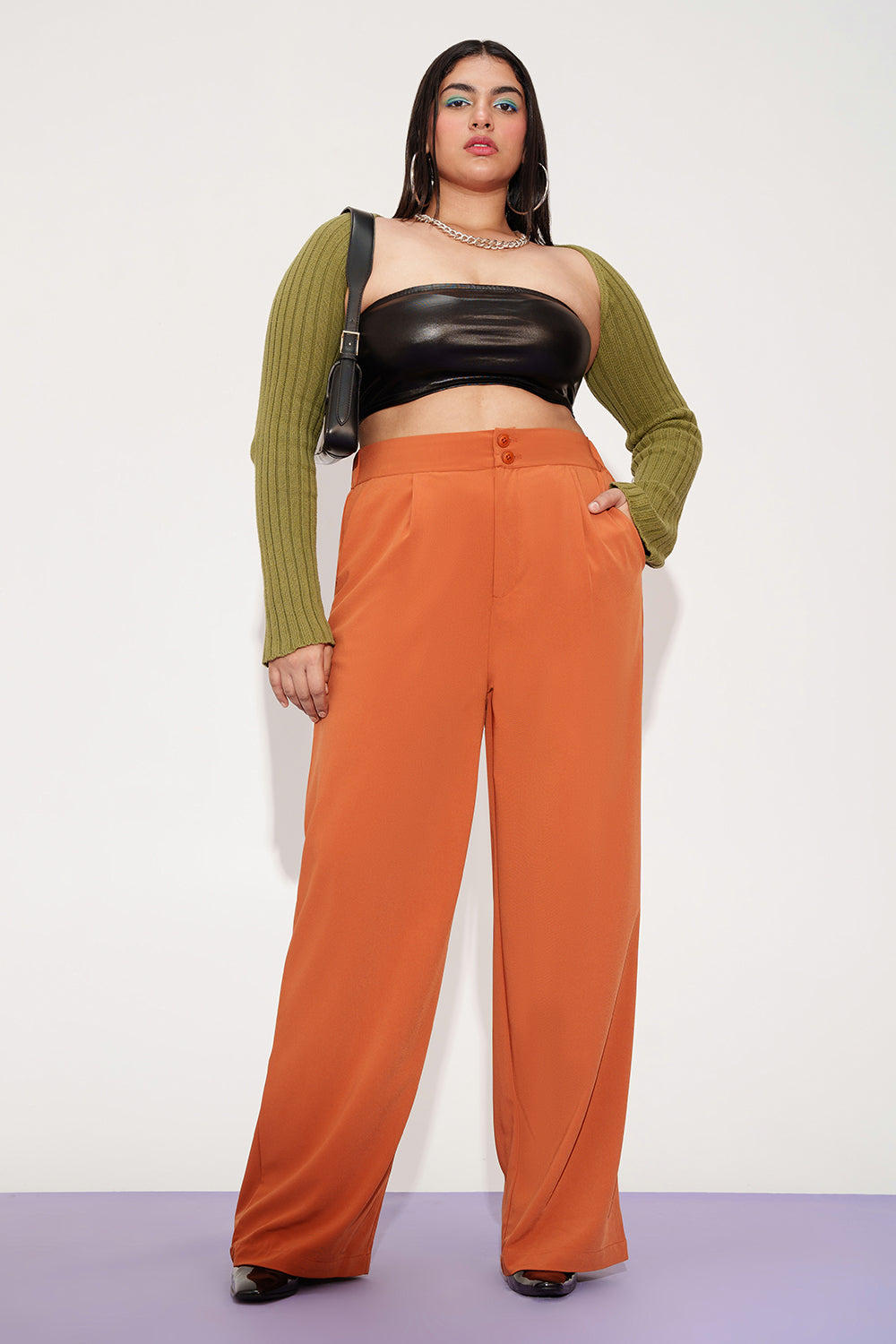 Sienna Rust Curve Pleated Double Button Korean Pants