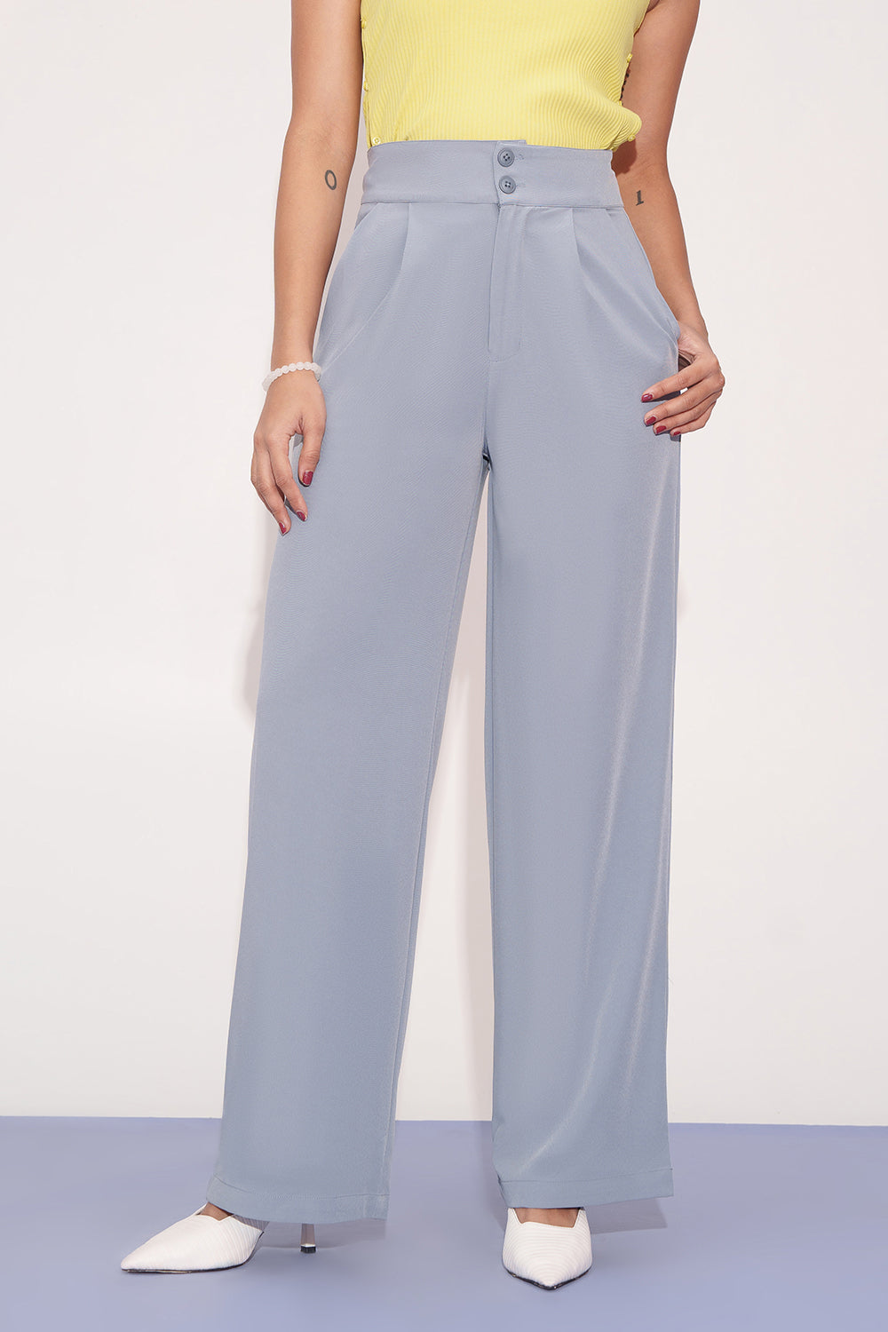 Opal Blue Pleated Double Button Korean Pants