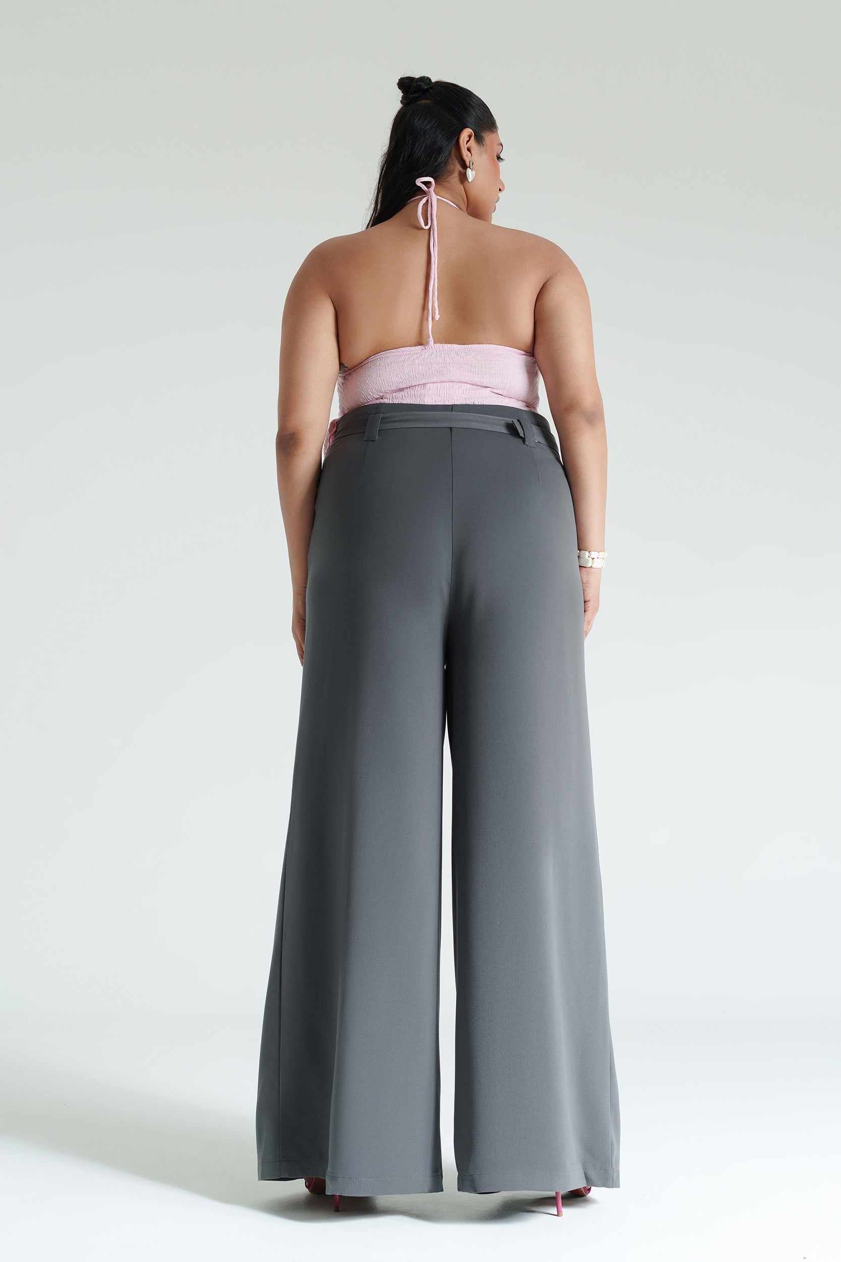Curve Moon Grey Belted Flared Korean Pants